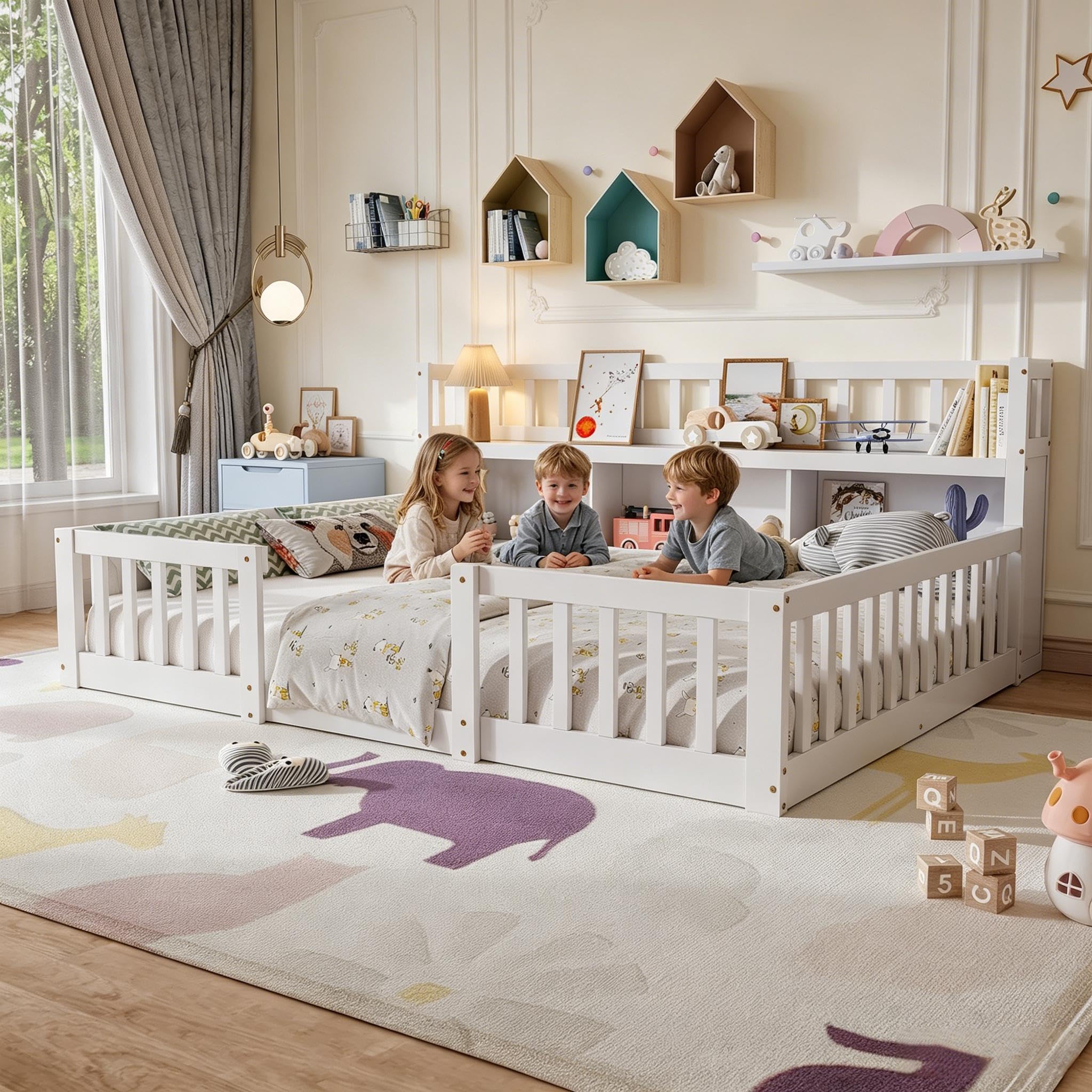 Montessori-Bett 140x200 cm mit Stauraum und Bücherregal, Bodenbett für Kinder 140x200 mit Sicherheitsbarriere und Lattenrost, Verstärktes Kinderbettgestell aus massiver Kiefer (Weiß-4, 140x200)