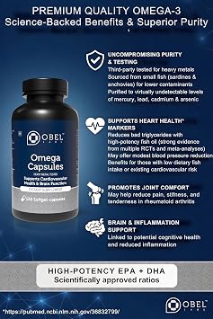 obel Purified Omega 3 | 2000 mg Fish Oil Capsules | 120 Softgels | 60 Day Supply | 3rd Party Tested | Heavy Metal Free | Wild Caught Anchovies | Quality Source of Omega 3 |