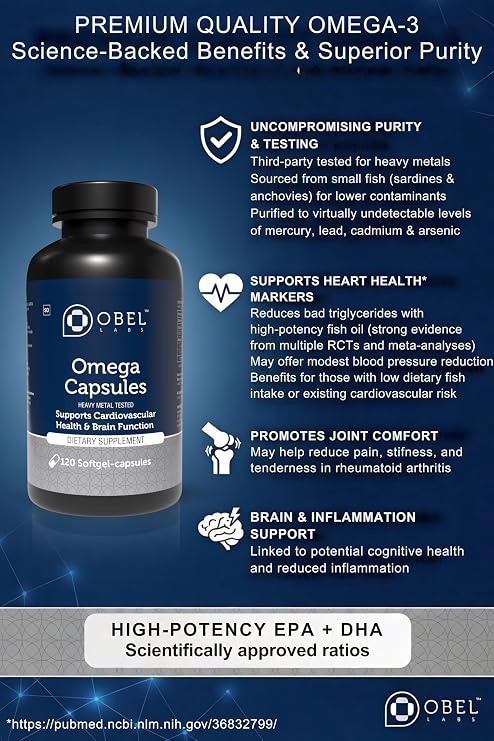 obel Purified Omega 3 | 2000 mg Fish Oil Capsules | 120 Softgels | 60 Day Supply | 3rd Party Tested | Heavy Metal Free | Wild Caught Anchovies | Quality Source of Omega 3 |
