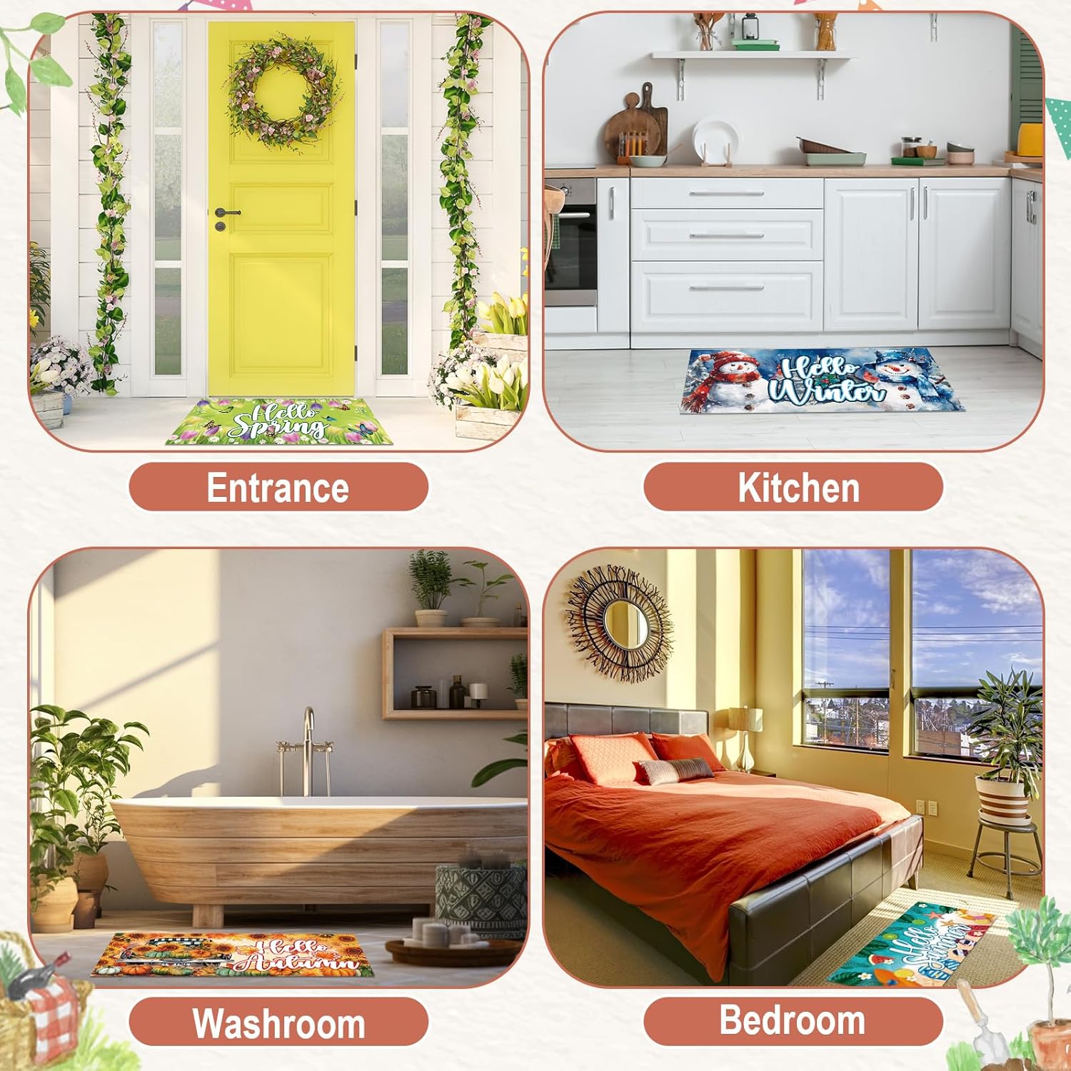 4Pcs Doormat Inserts Seasonal Door Mat Inserts Interchangeable Entrance Doormats Holiday Welcome Doormat Hello Spring Summer Fall Winter Door Mat for Front Door Outdoor Indoor Decor 22 x 10 In Vivid