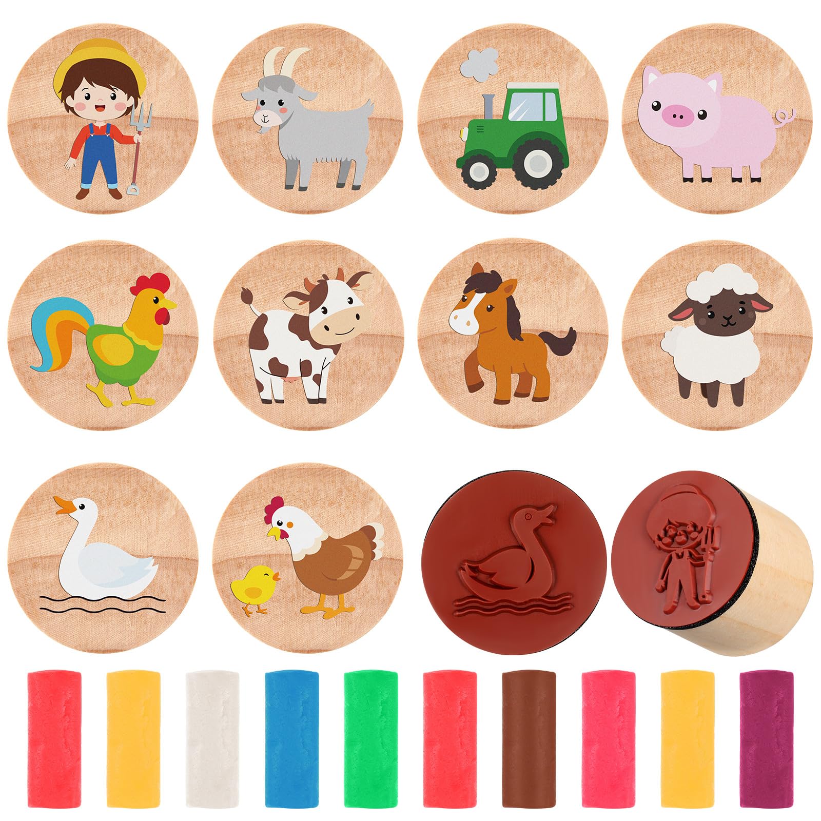 Tenare 10 Tampons en Bois et Pâte à Modeler Contenir 10 Tampons Animaux en Bois pour Enfants et 10 Pâte à Modeler Multicolore pour Sacs de Fête d'anniversaire Cadeau de Fête Naissance(Cour de Ferme)