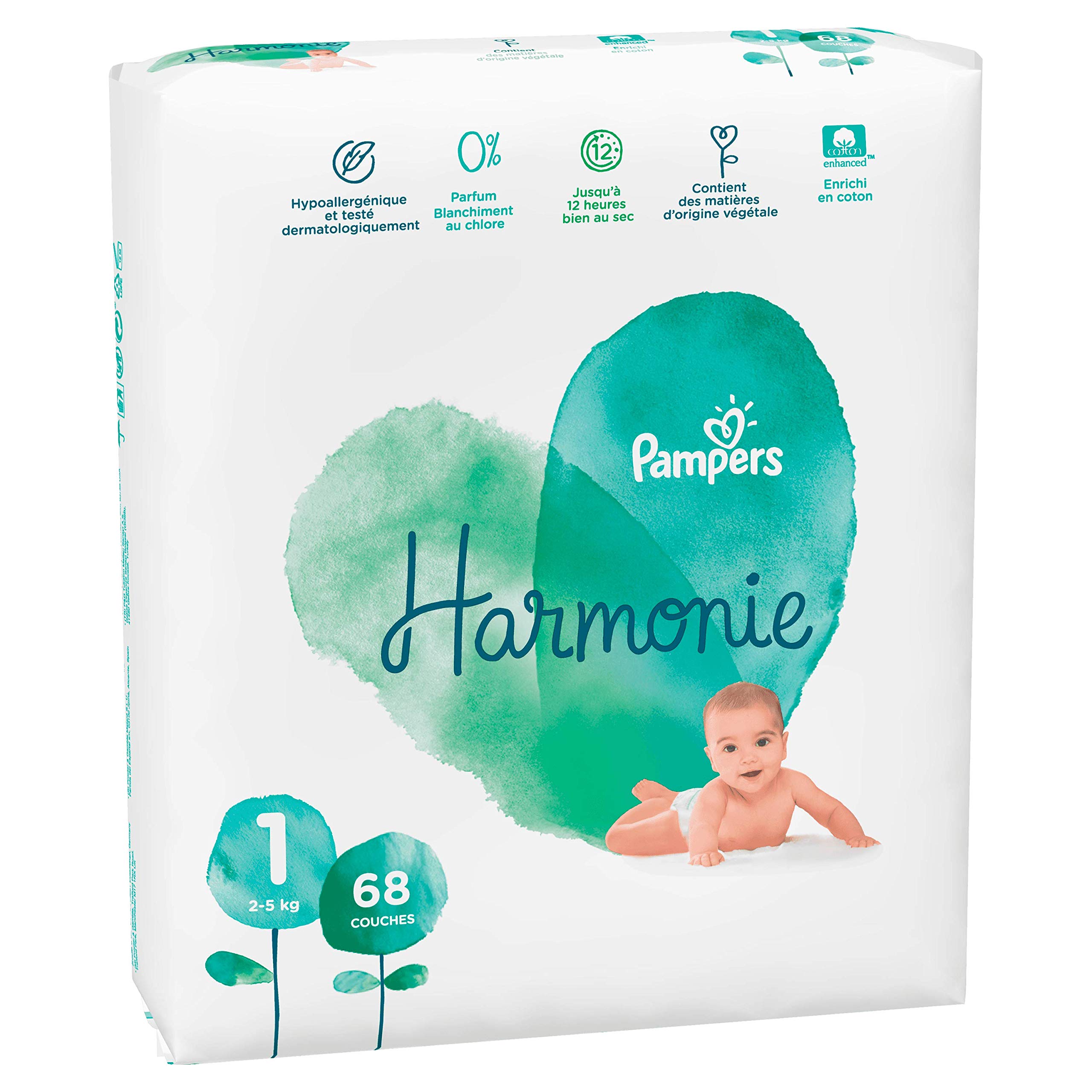 Pampers Pañales armonía tamaño 1 (2-5kg) 0% de compromiso, 100% de absorción, ingredientes de origen vegetal, hipoalergénicos, 68 capas