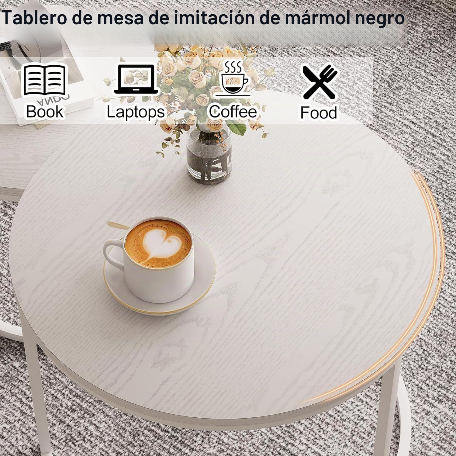Huhote Juego de 2 mesas auxiliares redondas, mesas auxiliares, mesa auxiliar con marco de metal para sala de estar/dormitorio/balcón/oficina/apartamento, diámetro de 23.6/15.7 pulgadas (marco blanco