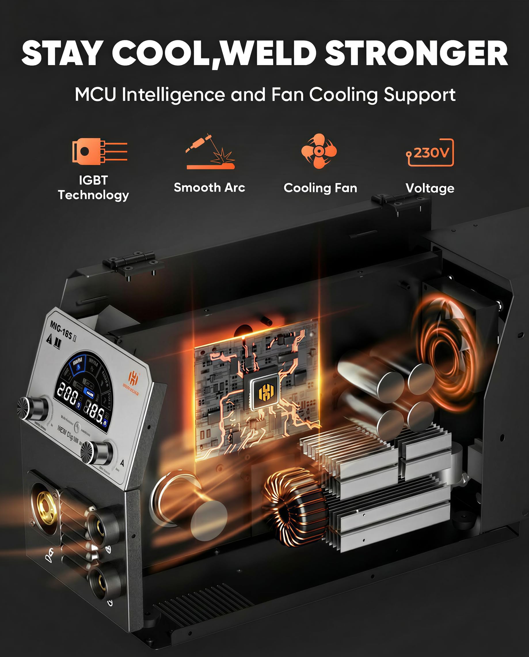 H HZXVOGEN 185A Saldatrice MIG 4 in 1, Attrezzatura di Saldatura Sinergica con Gas/Senza Gas/TIG Lift/Elettrodo, 230V IGBT Inverter, Ampio Schermo LCD – Ideale per Principianti e Professionisti