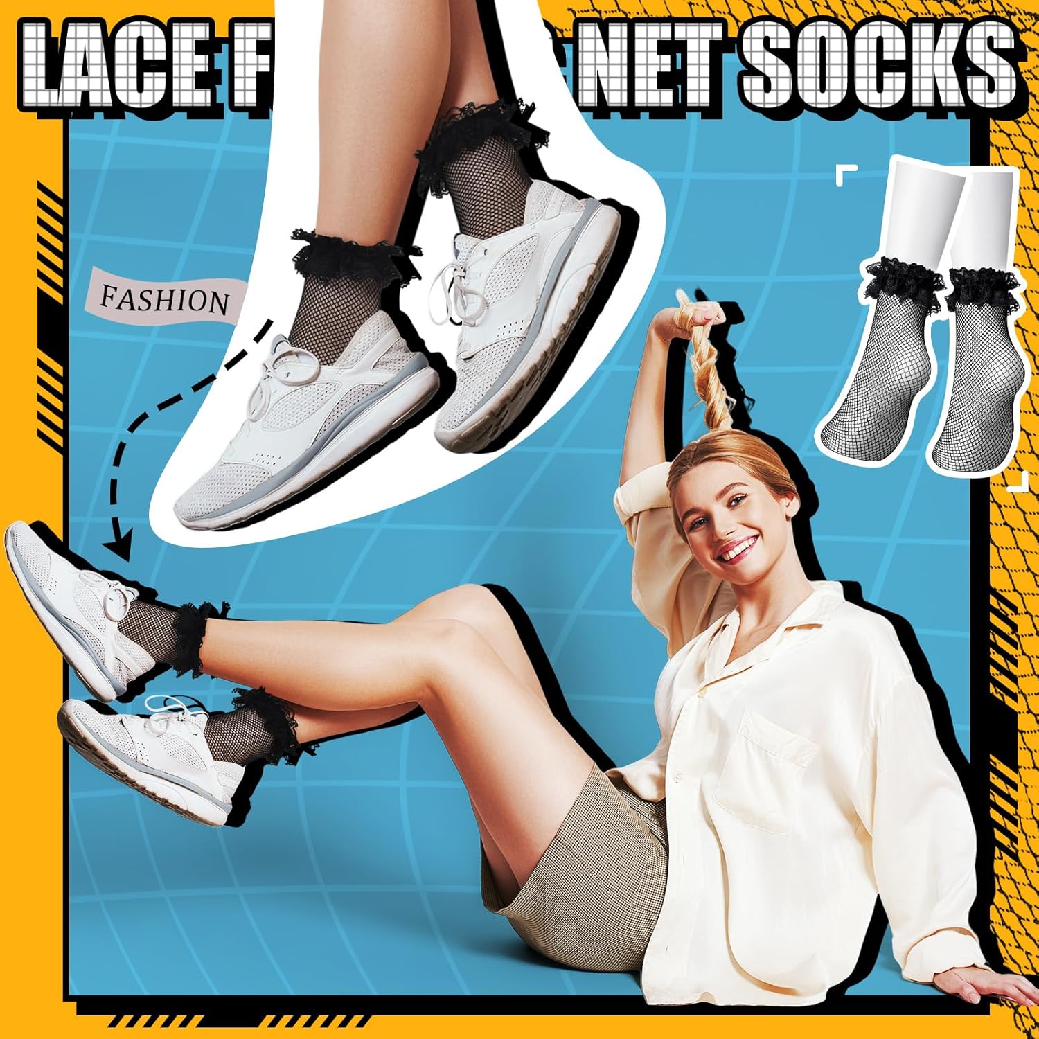 6 Pairs Women's Lace Socks Fishnet Ruffle Frilly Ankle Socks Mesh Hollow out Knee High Stockings for Women Girls - Image 3