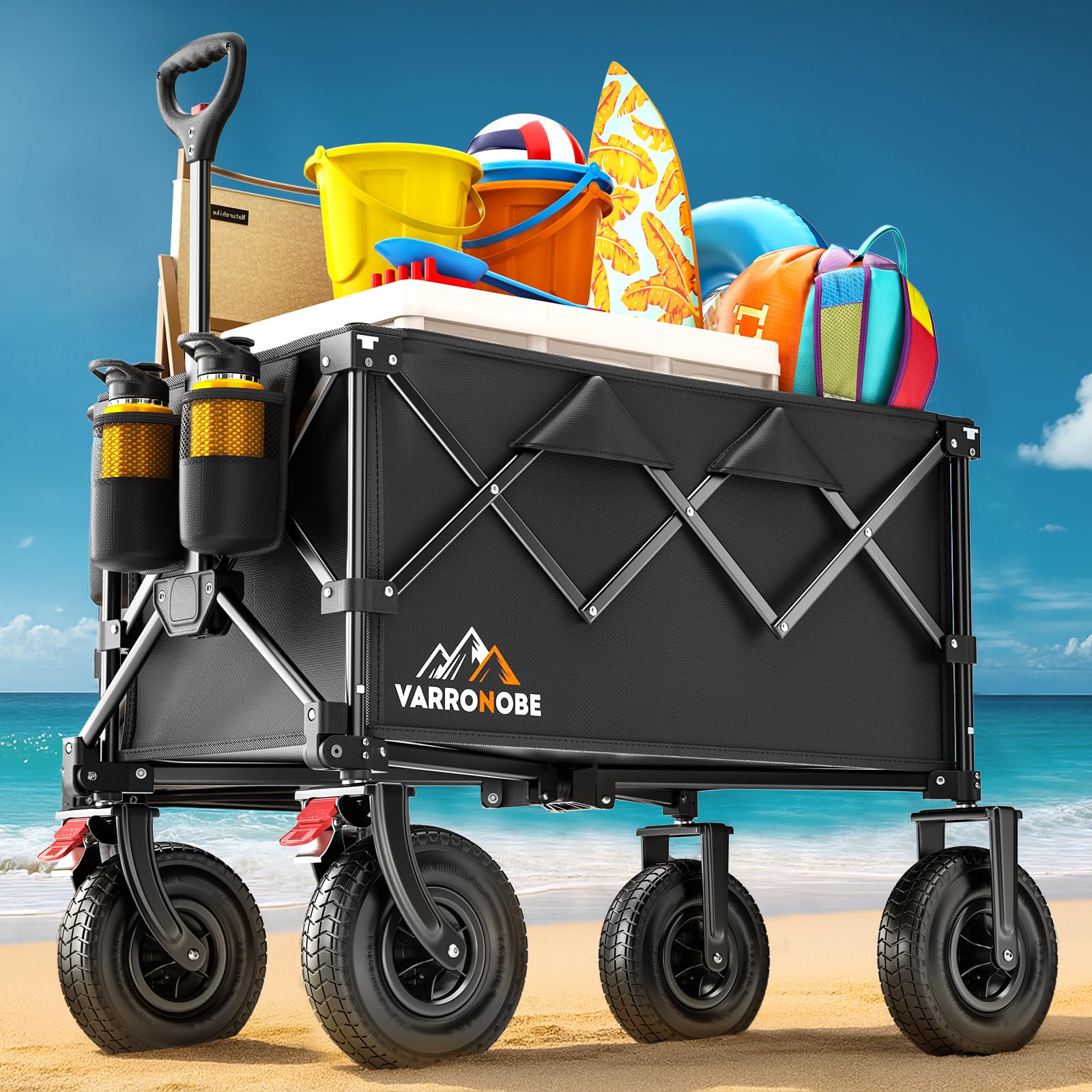 Big Rubber Wheels Beach Wagon Cart Foldable, 9x3 All-Terrain Wheels, Heavy Duty Collapsible Utility Wagon with 330lbs Capacity, Compact Storage, Easy Transport for Sand Camping Sports, Black