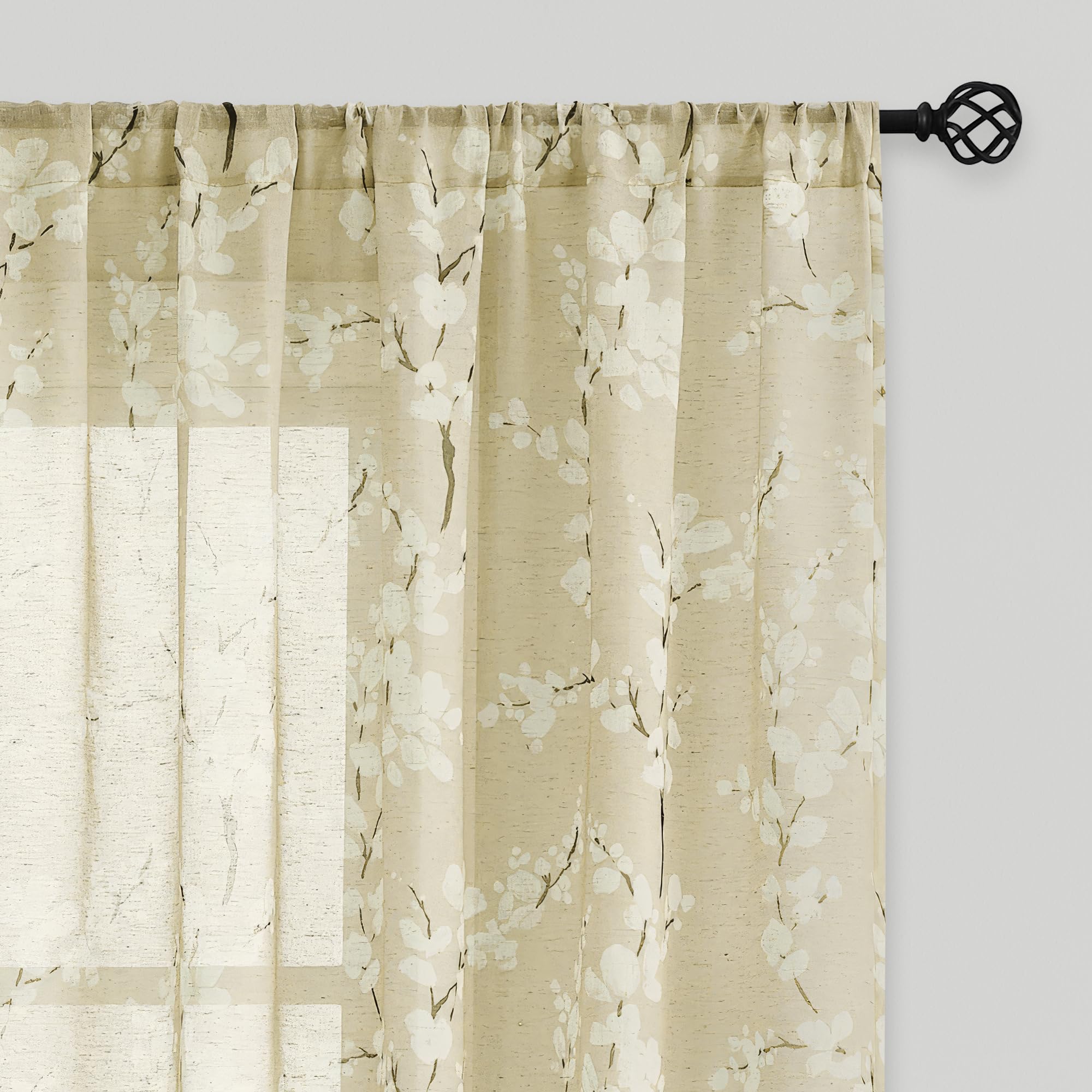 FMFUNCTEX Linen Sheer Blossom Floral Print Curtains Cream 96 Inch 2 Panels
