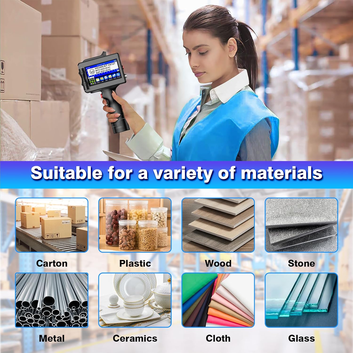 HX127 Handheld Inkjet Printer,Portable Handheld Printer Gun with 4.3 Inch Touch Screen Quick Drying Inkjet Coding Machine for Batch Number,Barcode,QR Code,Series Number,Logo ect