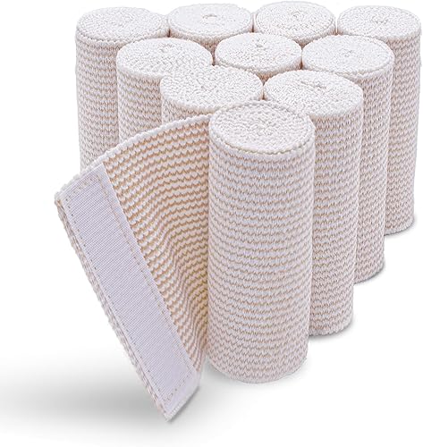 Vendaje elástico de algodón, 6 pulgadas x 13-15 pies de longitud estirada con cierre de gancho y bucle, vendaje de compresión sin látex (paquete de