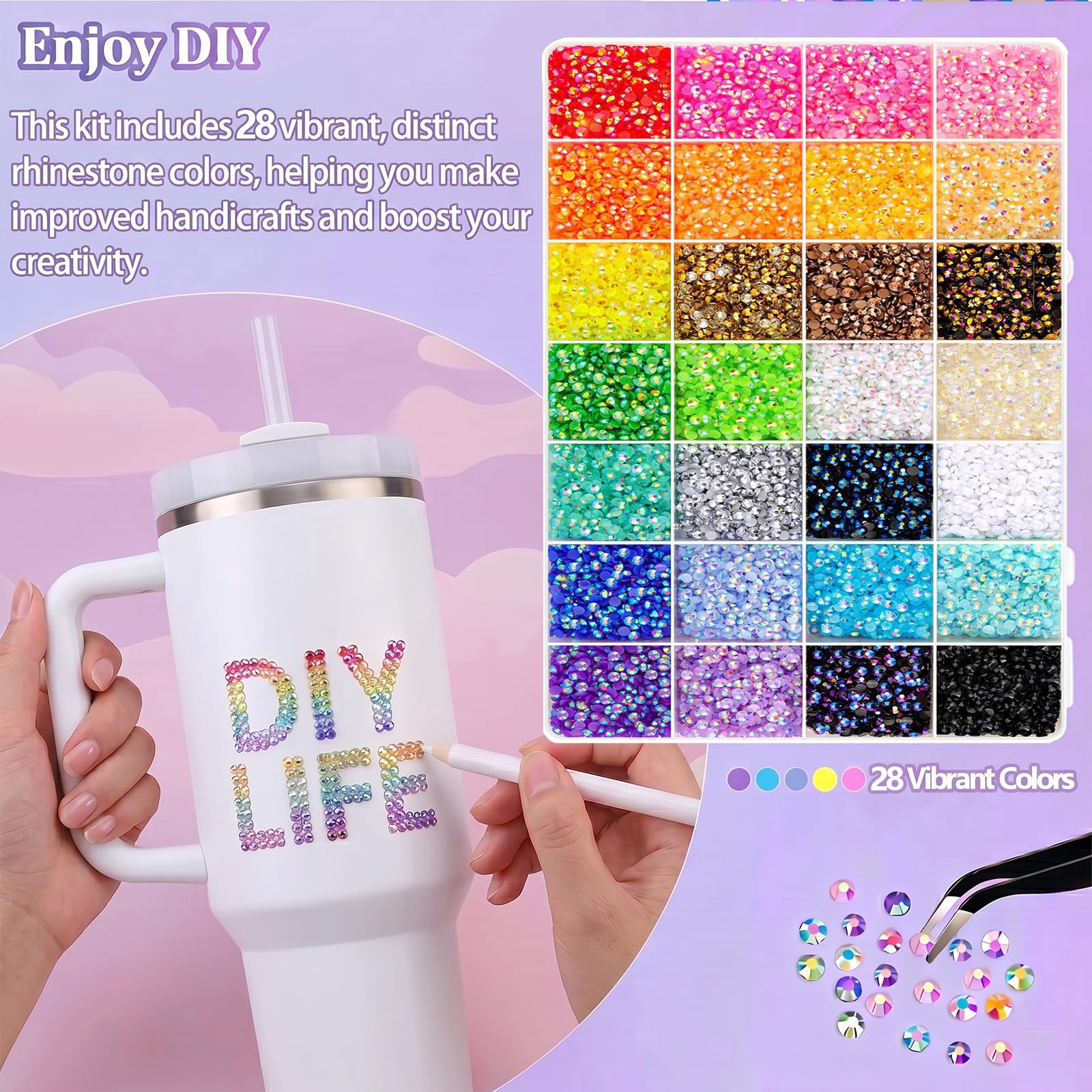 Zestaw 30000 sztuk Bedazzling Kit kamieni stras do paznokci, 28 kolorów, 3 mm błyszczące kamienie, Bedazzler Kit z pęsetą i pisakiem woskowym, płaskogrzbietowe kamienie stras Jelly Rhinestones do