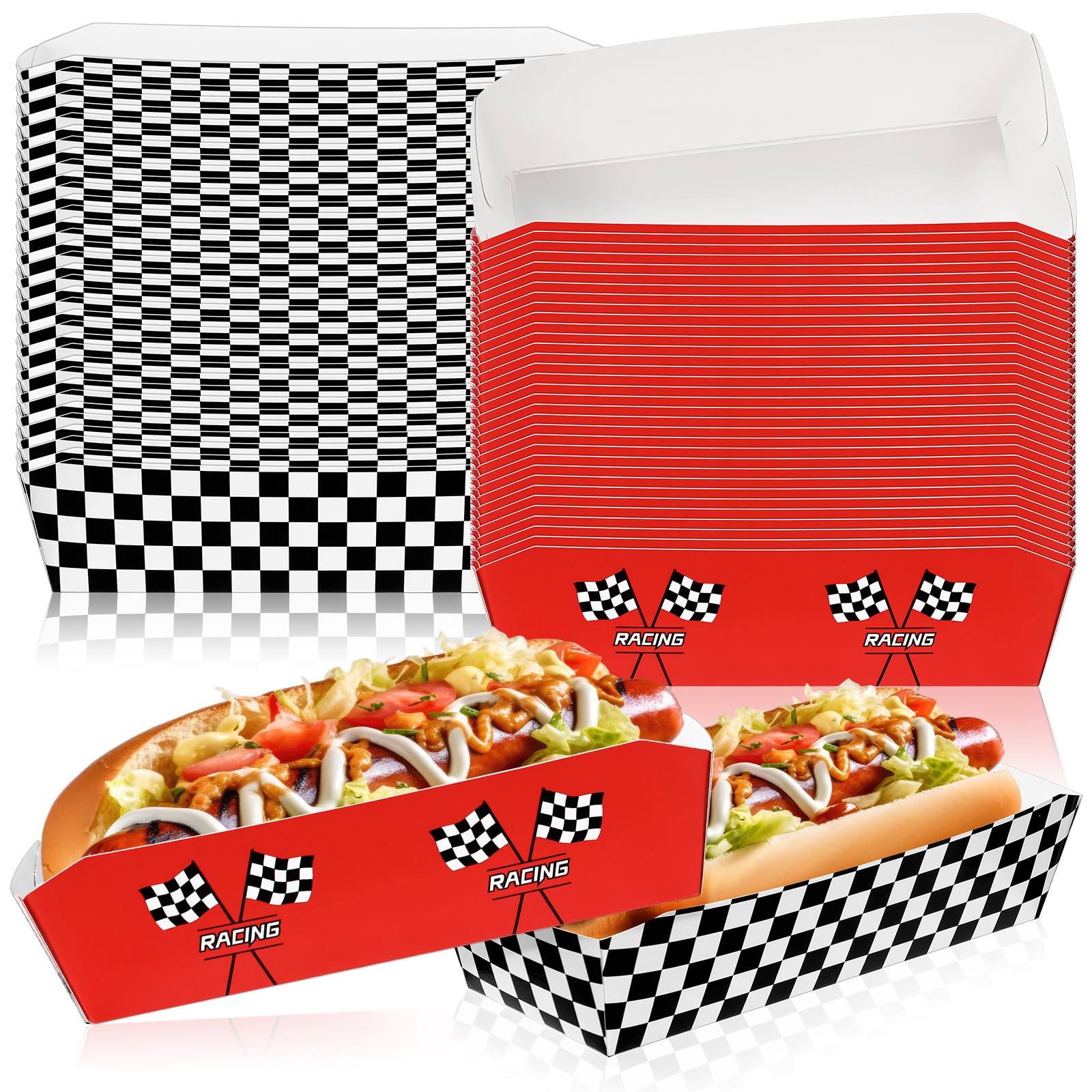 Yeaqee 50 Pcs 7" Racing Car Hot Dog Trays Racing Car Disposable Checkered Paper Trays Nacho Boats Game Day Serveware Bulk Race Themed Food Tray Snack