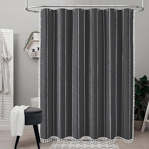 Miniatura 2 de BTTN Boho Farmhouse Shower Curtain - Linen blend Rustic Striped Fabric Shower Curtain Set with Tassel, Water Repellent, Bohemian Vintage Country