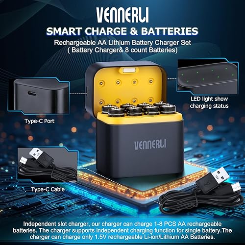 Miniatura 3 de VENNERLI Baterías de litio recargables AA de 1.5 V, 3600 mWh, de alta capacidad, más de 1600 ciclos, ciclo duradero (juego de 4 unidades, color