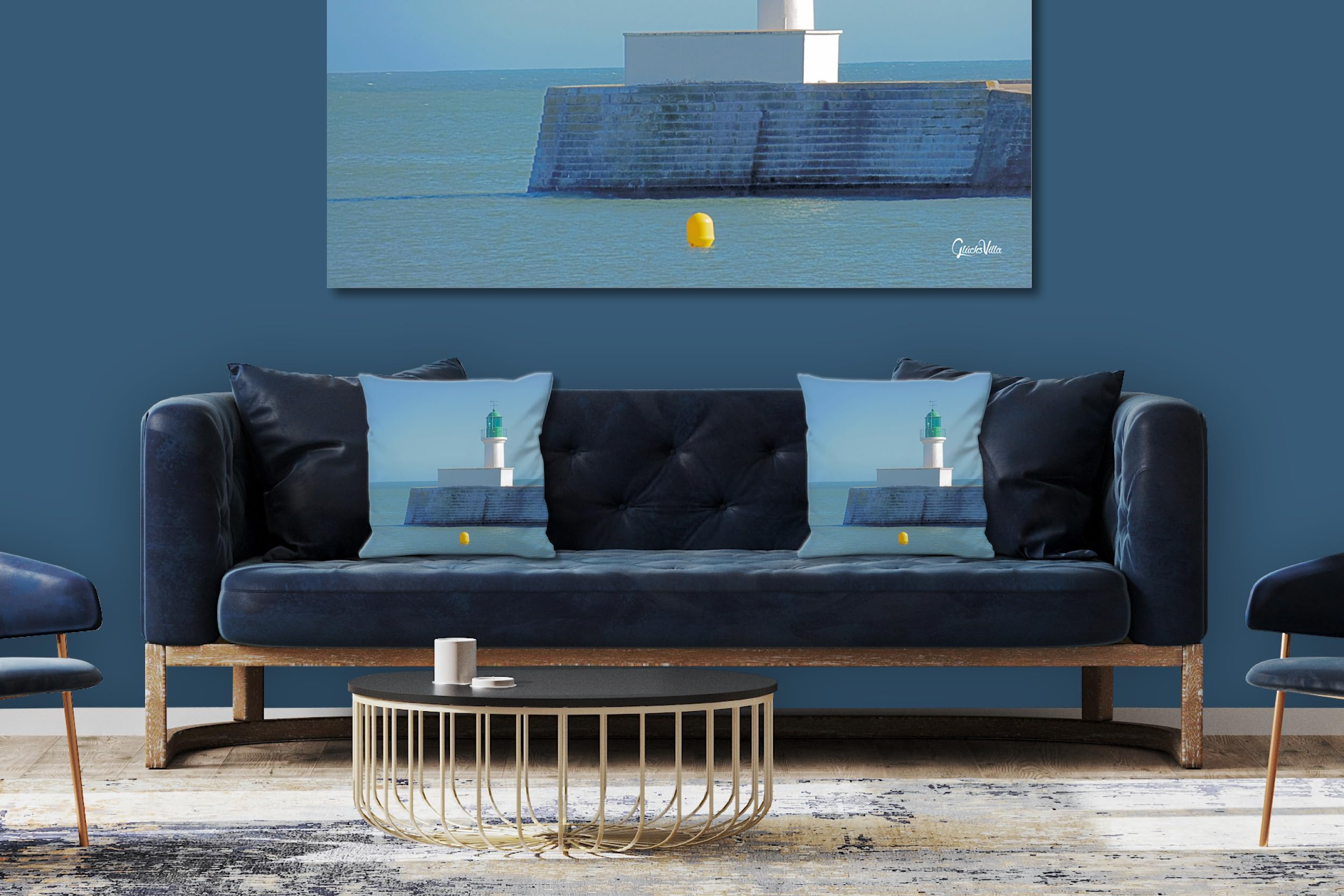 Leuchtturm 2 - Foto-Kissen-Hülle Set (2 STK.) 40 x 40 cm | Kissen-Bezüge - passend zu Wandbild - Deko-Kissen - Frankreich Meer Küste Strand Hafen