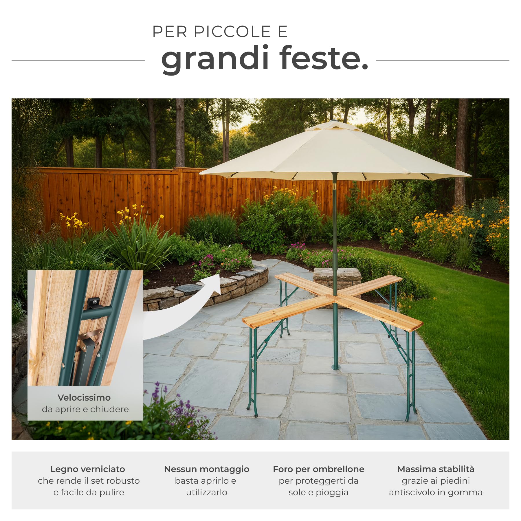 tectake® Set da Birreria con 4 Piani, Tavolo Pieghevole da Esterno, Ideale per Bar, Giardino, Balcone, Resistente alle Intemperie, Supporto per Ombrellone Incluso - 241 x 241 x 103 cm