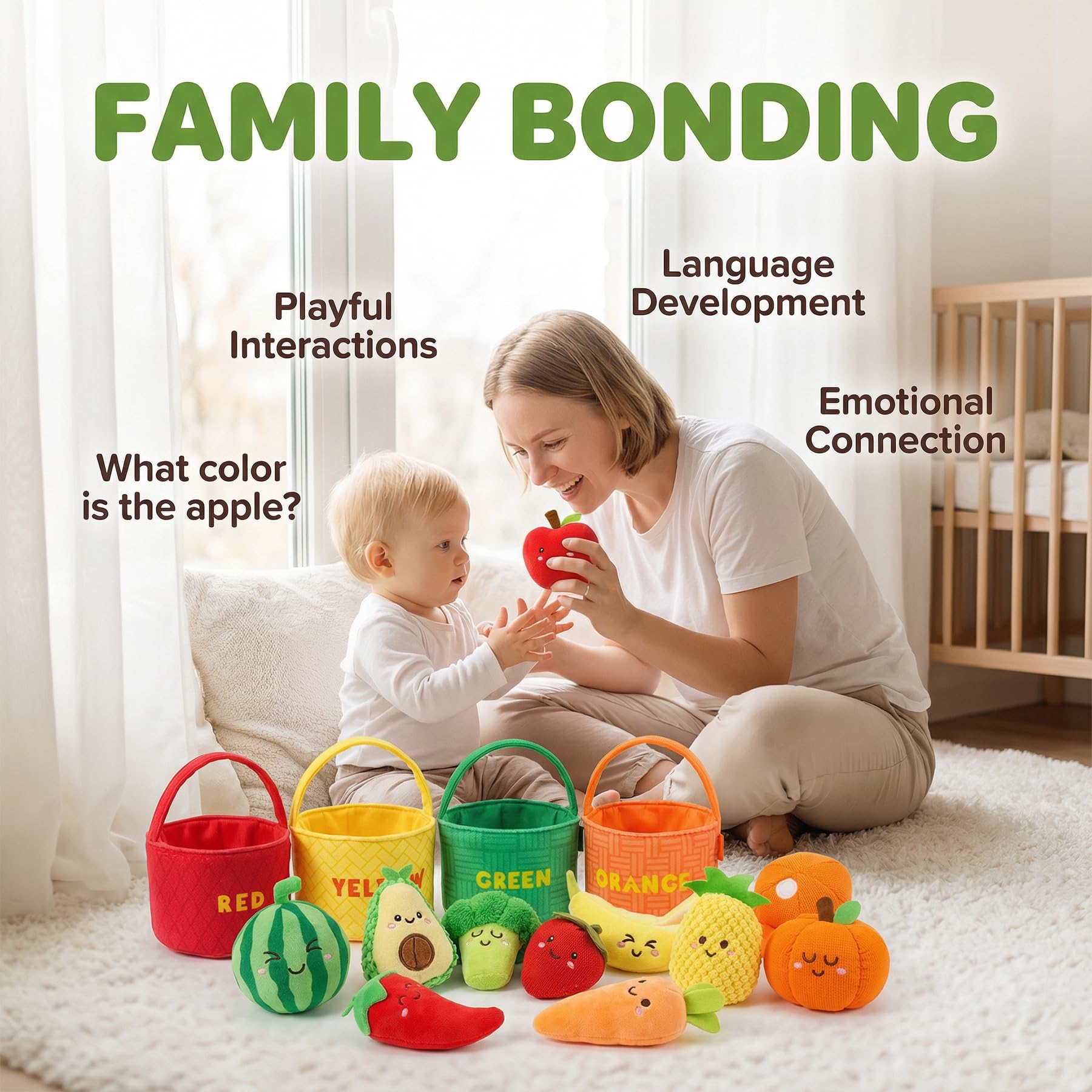 Sensory Toys für Babys, 6–12 Monate, Montessori-Spielzeug für Kleinkinder, 16 Stück, weiches Plüsch, Obst und Gemüse mit Knistern, Rassel und Farbsortierung, feinmotorisches Lernspielzeug, Geschenk