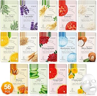 KONEUK 56 Pack Hydrating Sheet Face Masks for Women - Natural Skincare for Sensitive Skin, All Types, Bulk Spa Gift Set