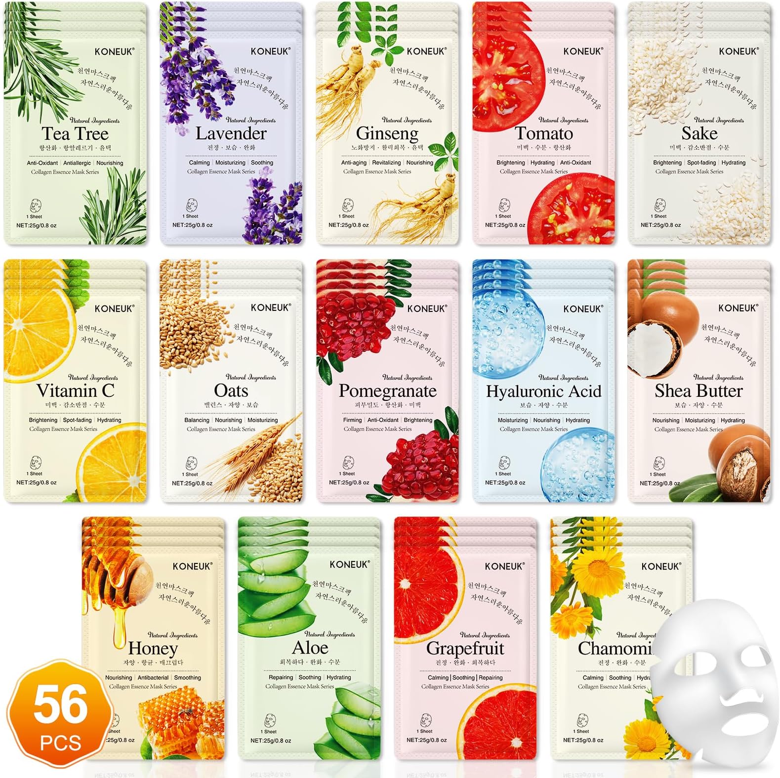 KONEUK 56 Pack Sheet Face Masks Skincare for Women, Hydrating Face Masks Suitable for Sensitive Skin, Bulk Facial Mask Gifts Set for Skin Care, Home Skincare Spa for All Skin Types