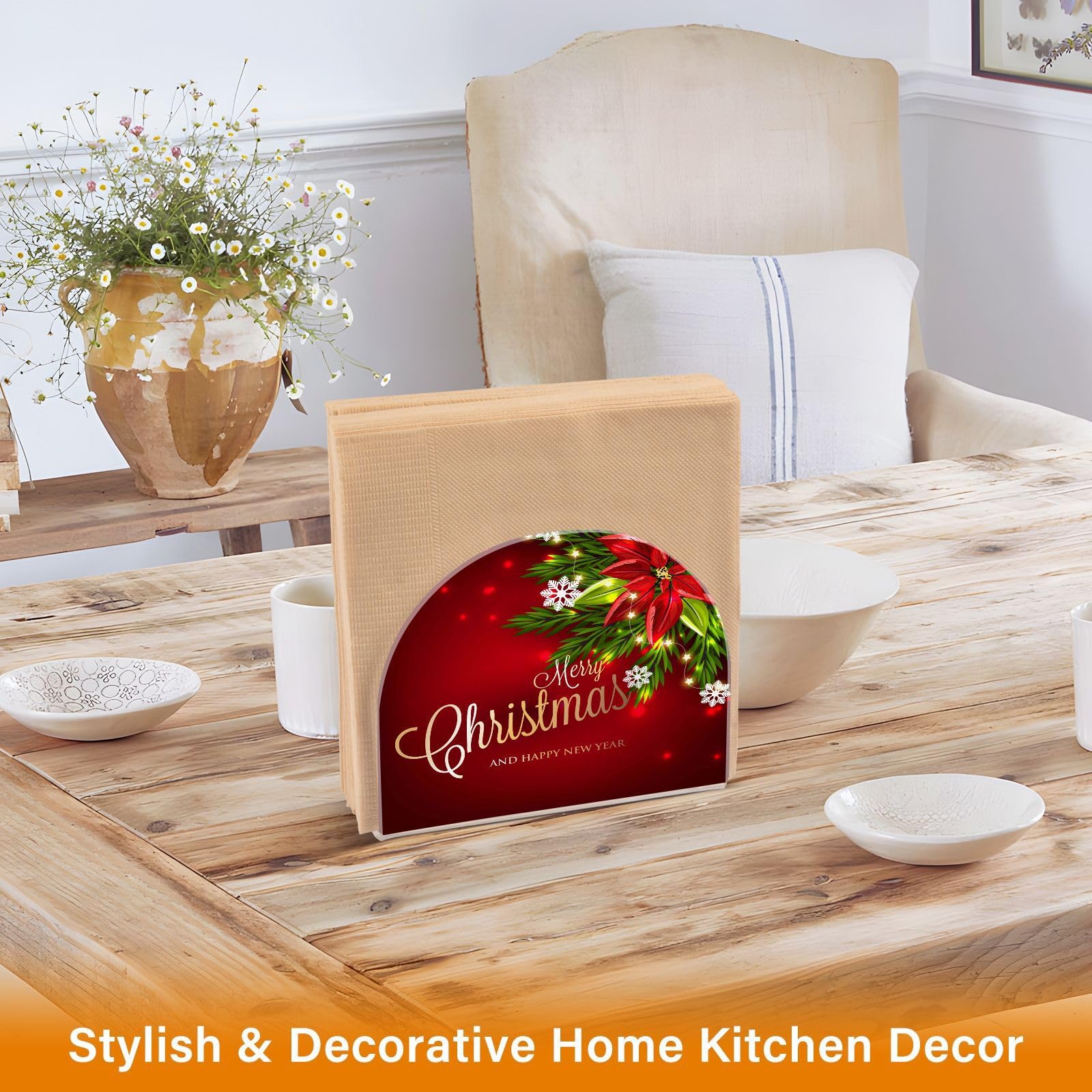 Merry Christmas Poinsettia Red Napkin Holder Acrylic Napkin Holders for Tables Paper Napkin Holder Stand Tabletop Kitchen Restaurant Standing Napkin Dispenser for Kitchen Dining Table Farmhouse