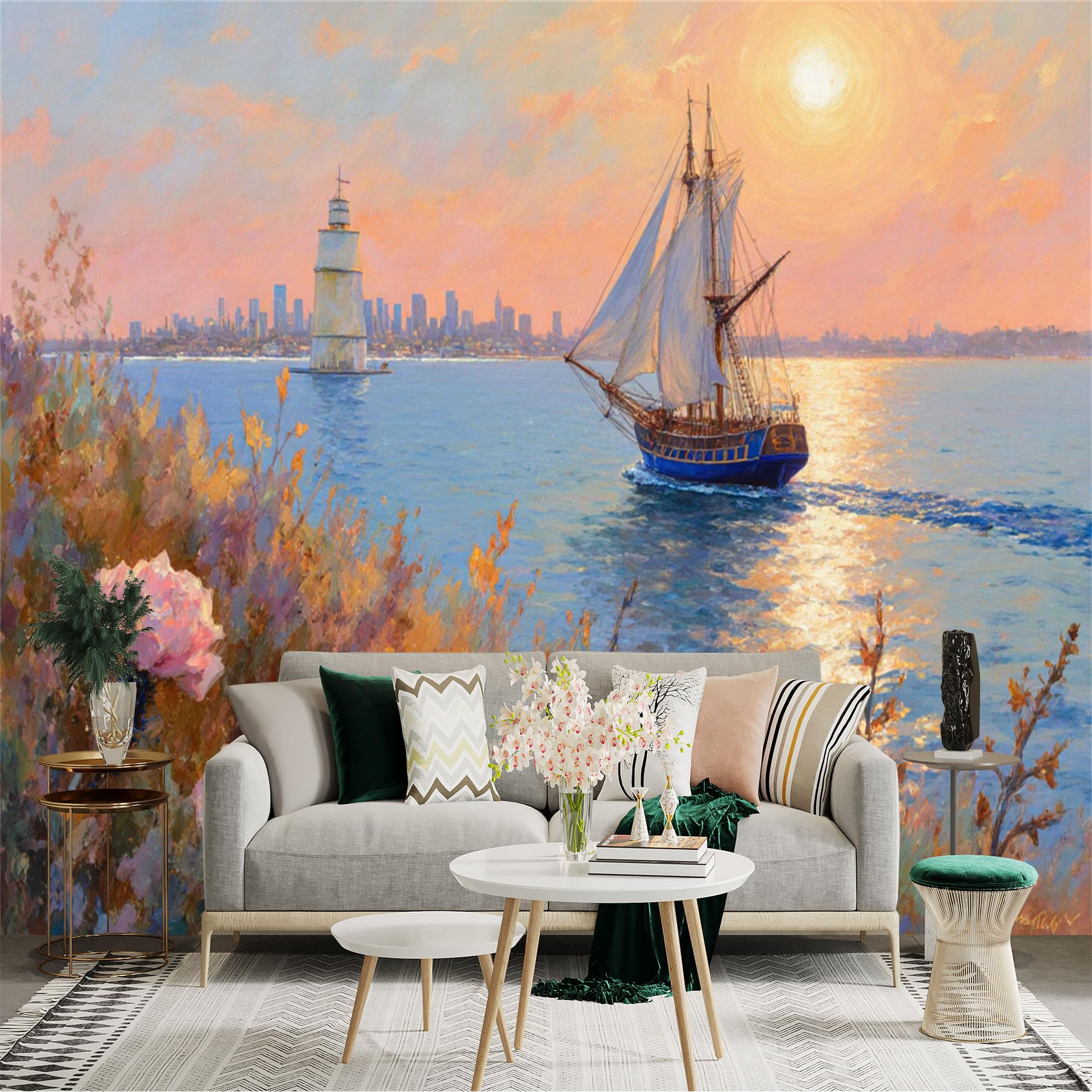 Custom Size Wall Sticker Mural， Sunset Sea with Sailing Ship Lighthouse Flowers and City Skyline， for wall Decoration， peelandstick wall Decals.