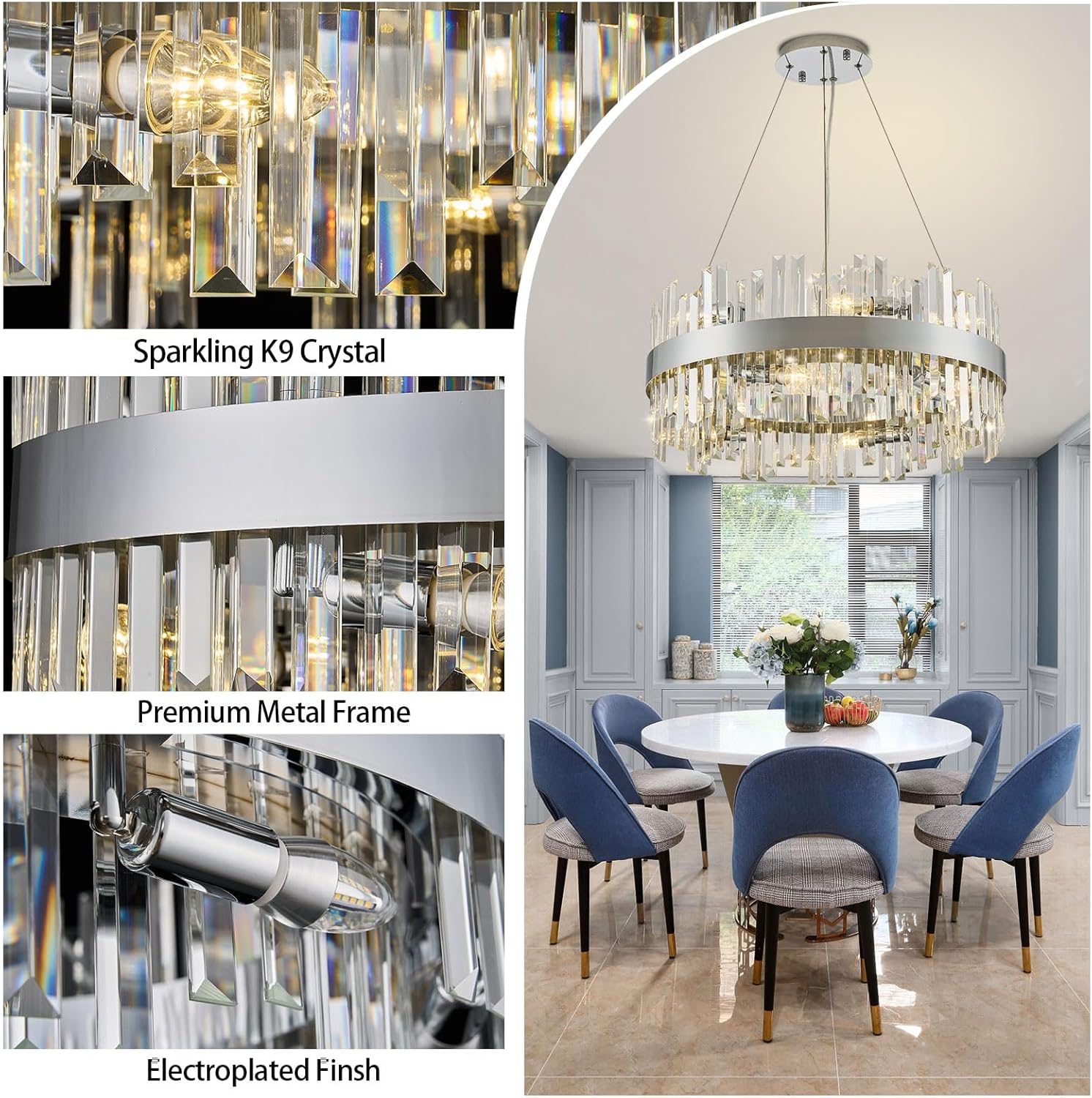 24'' Modern Chrome Crystal Chandeliers for Dining Room,2 Tiers 12 Lights Raindrop Round Chandelier Adjustable Height,Luxury Dimmable Pendant Ceiling Light for Living Room Kitchen Island Foyer