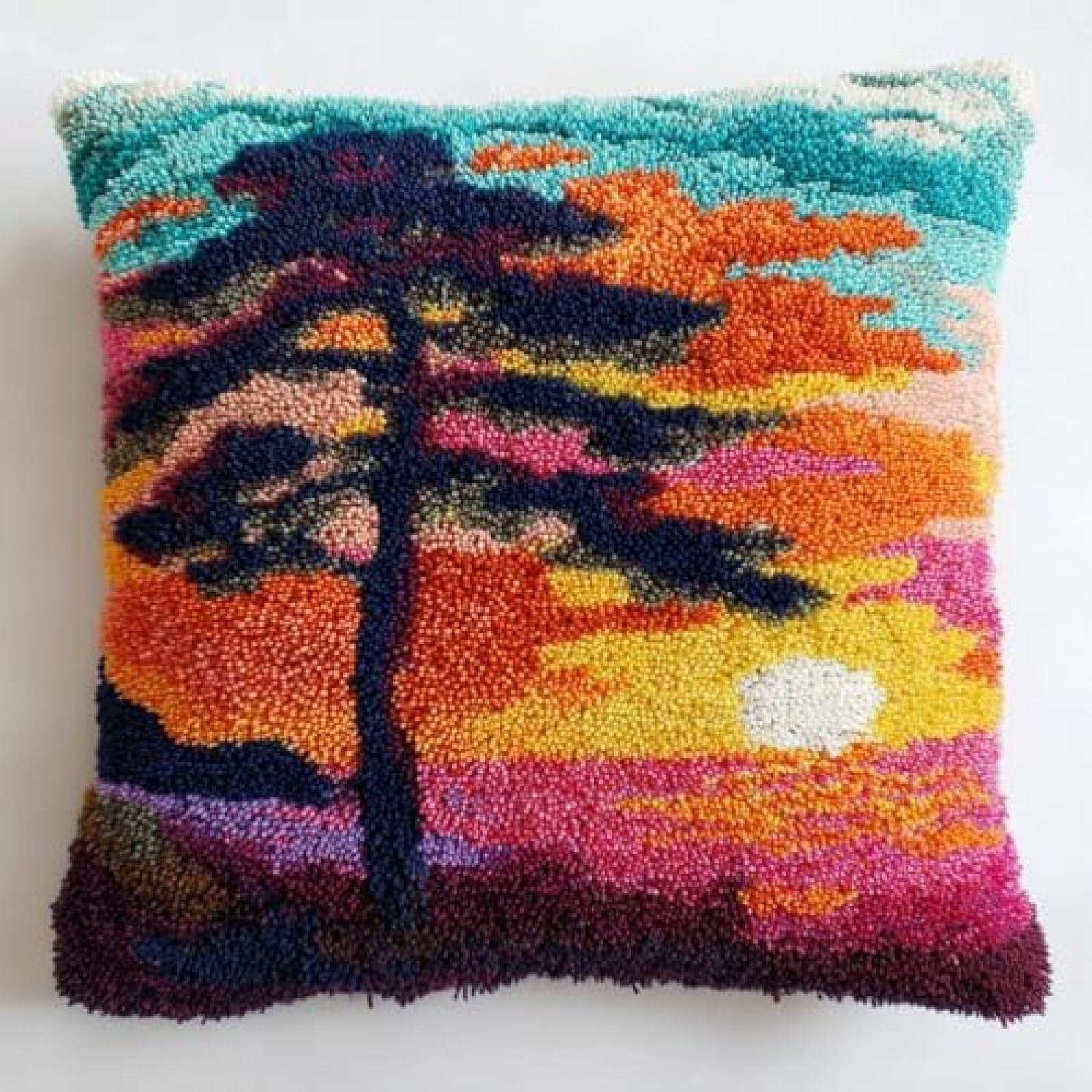 kitphoenix DIY Latch Hook Cushion Kit for Adults,Cedar Tree and Sunset,Pre-Printed Cushion Cover Craft Set with Yarn and Hook,Beginner Crochet Embroidery Kit,43x43 cm Home Décor Gift for Women