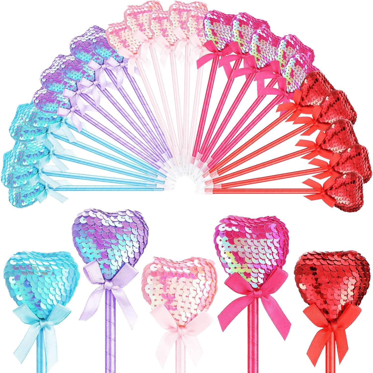 Pajean 25 Pcs Valentines Day Heart Pens Bulk Favors, Flip Sequin Heart Shaped ballpoint Pens for Valentine Party Office Supplies, 0.7 mm Black Ink, 5 Colors