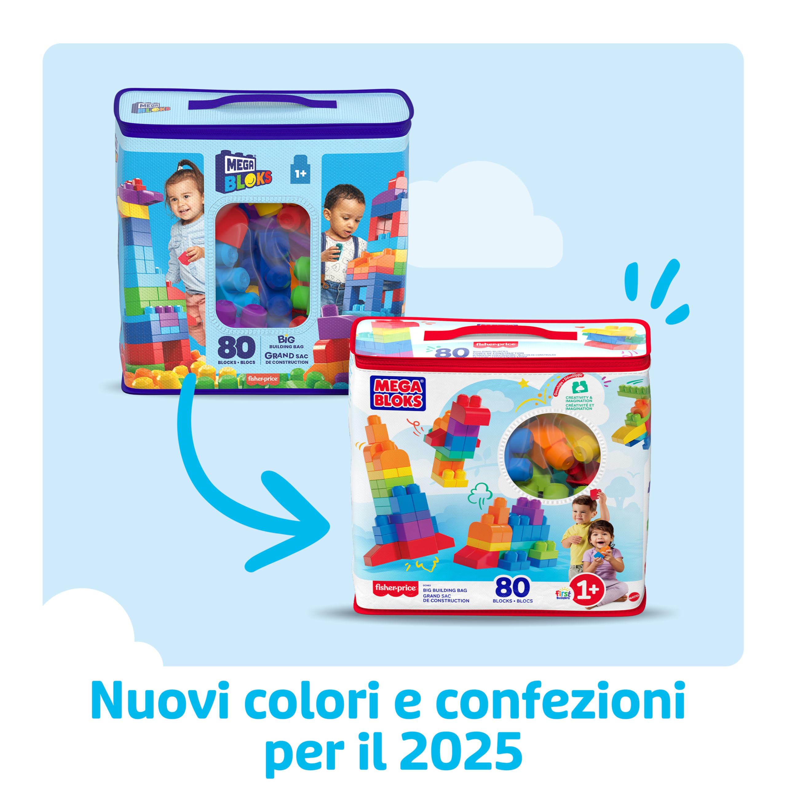 MEGA Bloks-Big Building Bag Sacca Ecologica, 80 Pezzi, Blocchi da Costruzione, Giocattolo per Bambini 1+ Anni, Colore Blu, DCH63