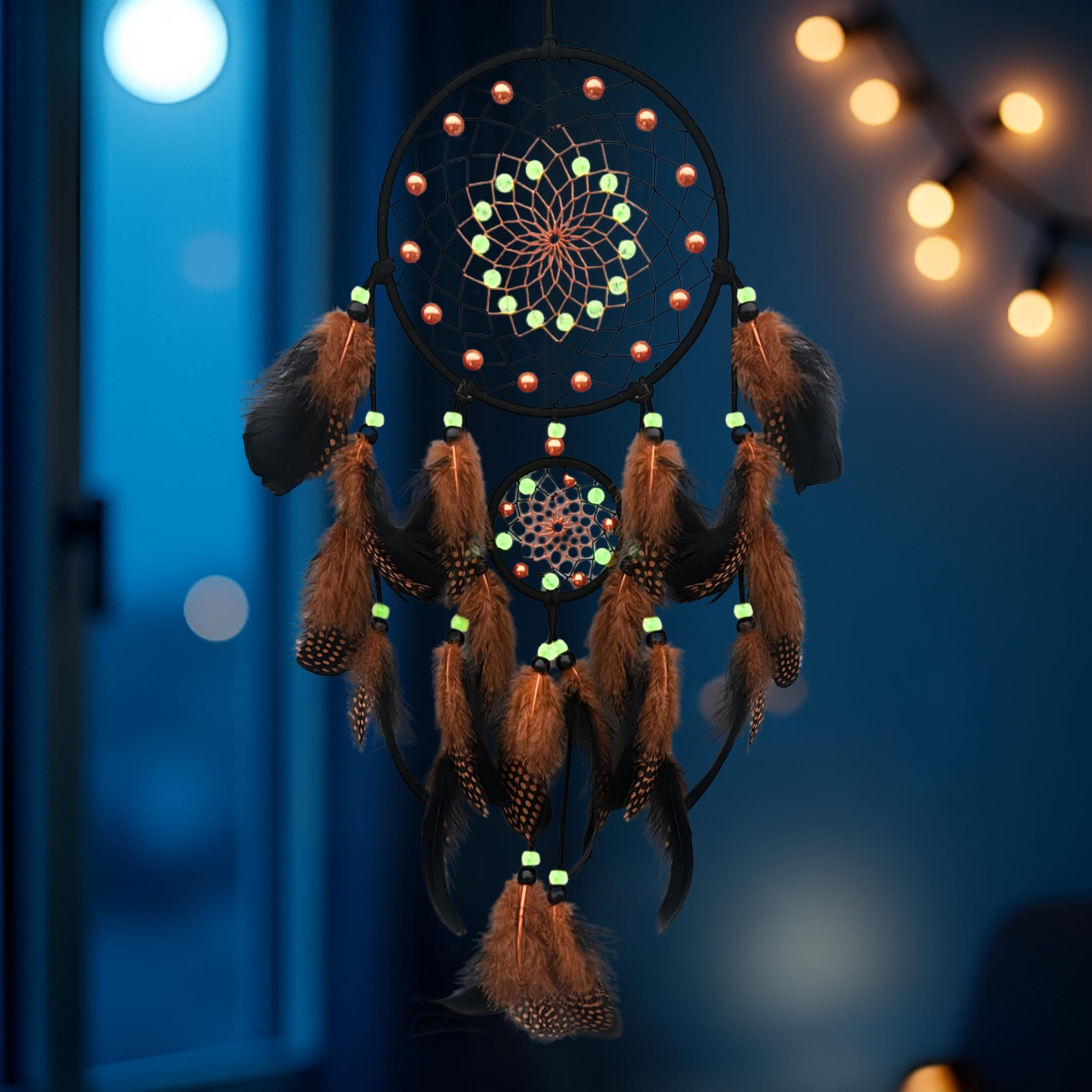 Traumfänger mit leuchtenden Perlen, handgefertigter Traumfänger für Erwachsene, Indianerdekor, hängende Wandverzierung für Schlafzimmer, Braun (Braun)