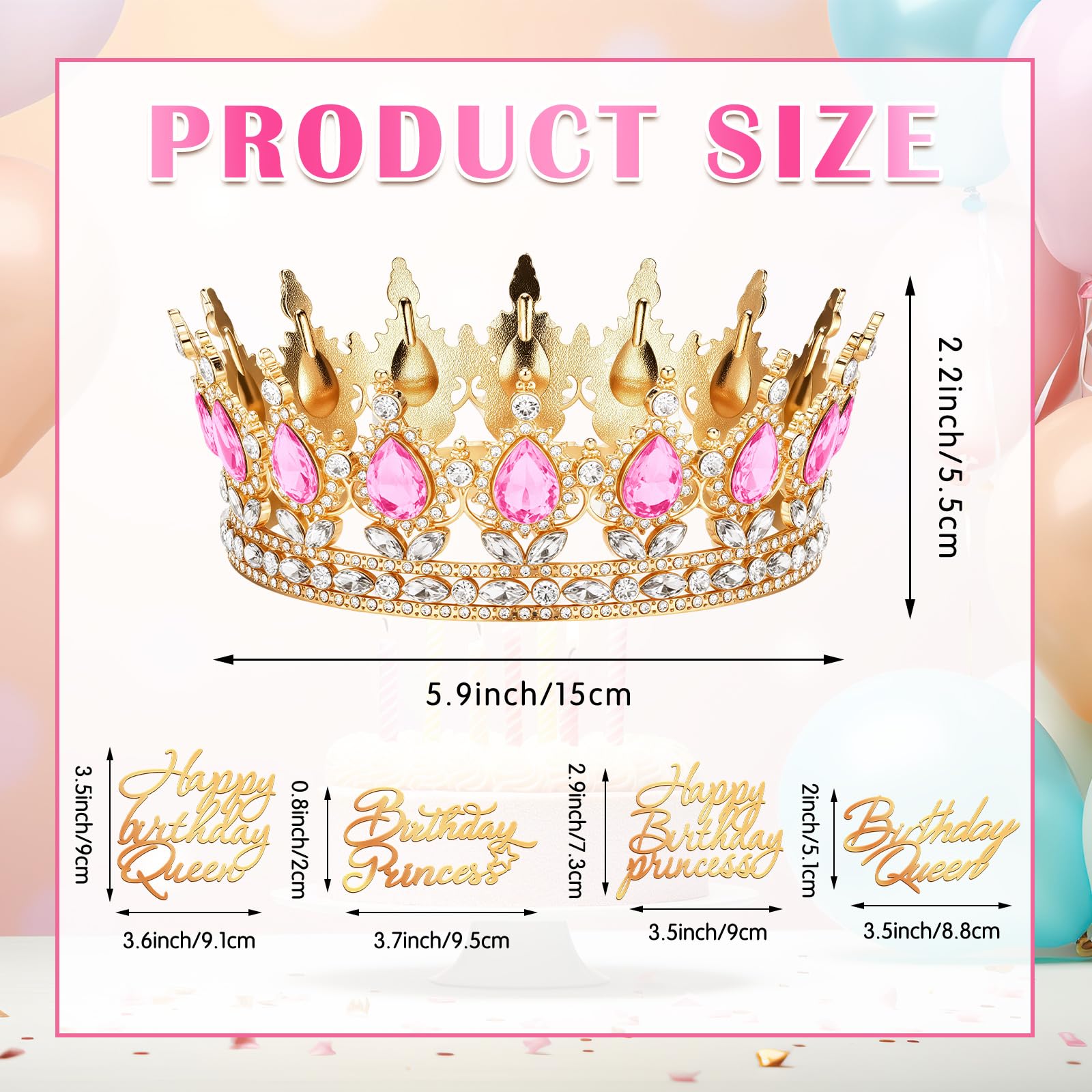 Corona di Compleanno per Torta per Donne e Ragazze Corona di Principessa Regina Tiara di Compleanno con 4 Decorazioni per Torta di Happy Birthday Princess Queen