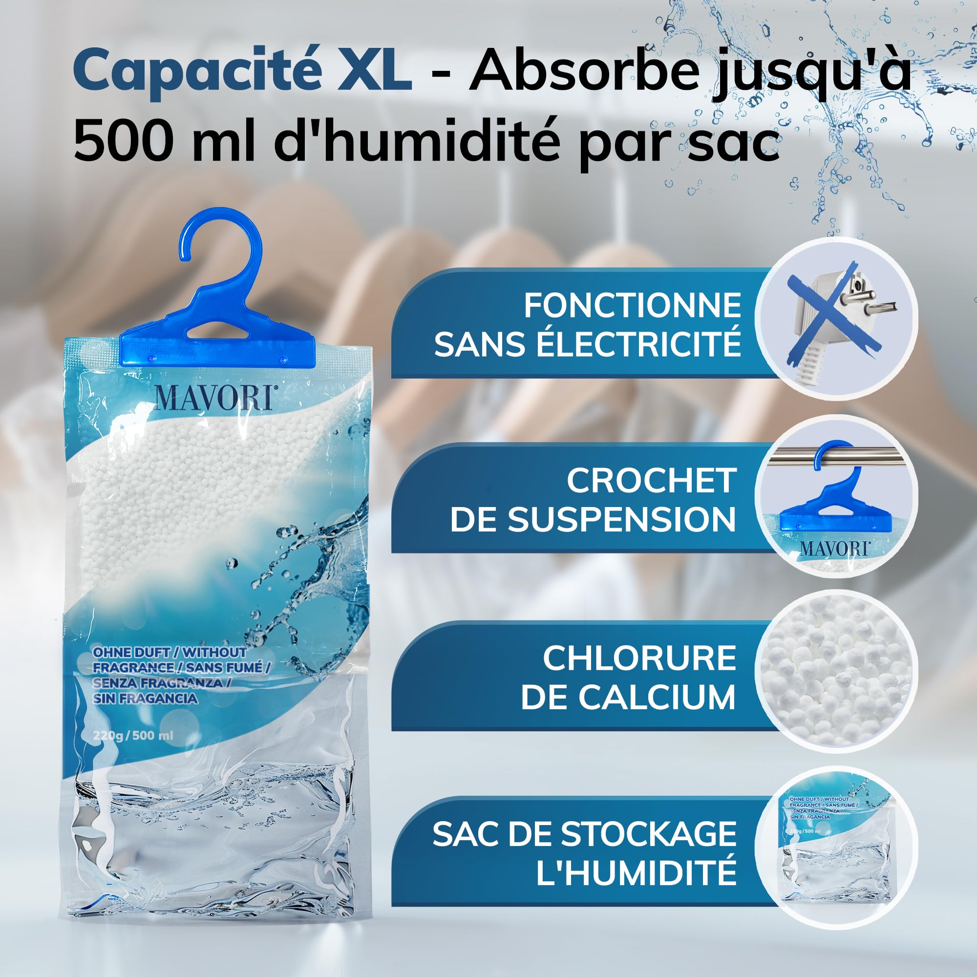 Lot de 10 déshumidificateurs XL à suspendre I sacs déshumidificateurs I déshumidificateur armoire et absorbeurs d'humidité pour pièces contre l'humidité, les moisissures et les odeurs