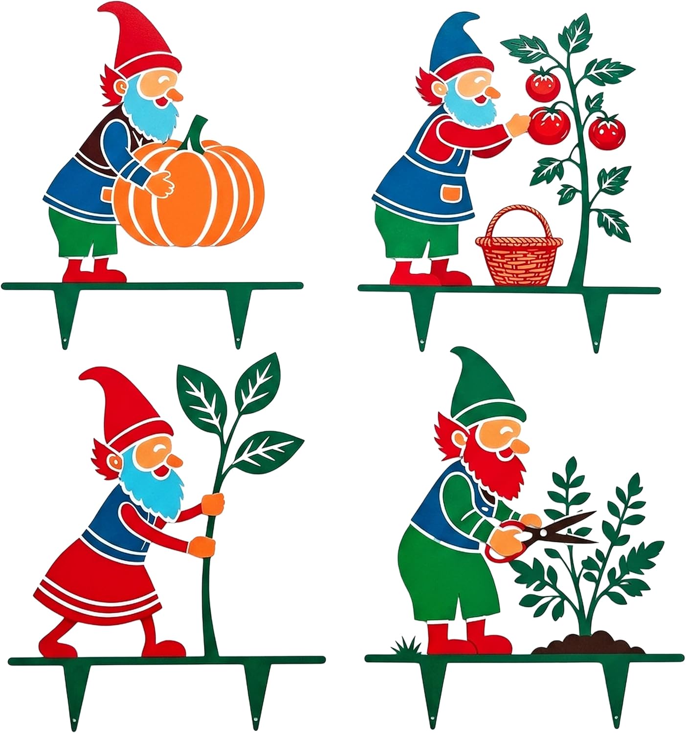 Funny Metal Gnome Garden Stakes - 4Pcs Colorful Printed Lawn Decor Yard Art Stakes for Outdoor, Gift for Garden Lovers Flower Bed Backyard Patio Decorations (Set A)