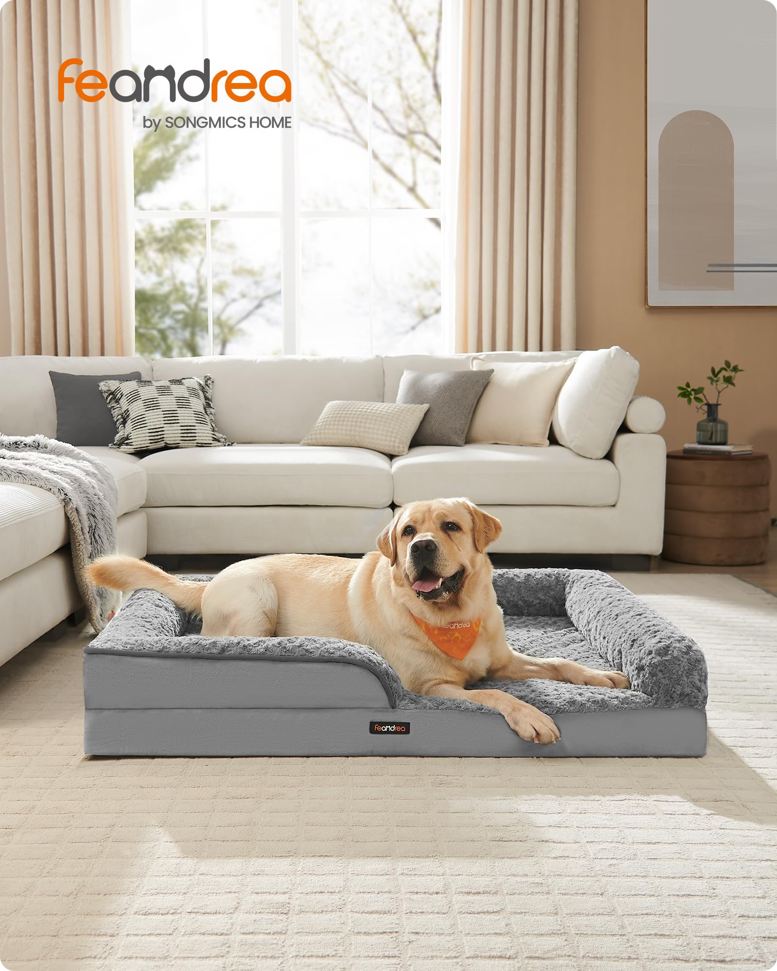 Feandrea Cuccia Cane Interno, Cuccia per Cani, Lettino per Animali, Ortopedico con Gommapiuma Ondulata, Bordi Rialzati, Copertura di Peluche Sfoderabile, 122 x 89 x 18 cm, Grigio Tortora PGW254G01