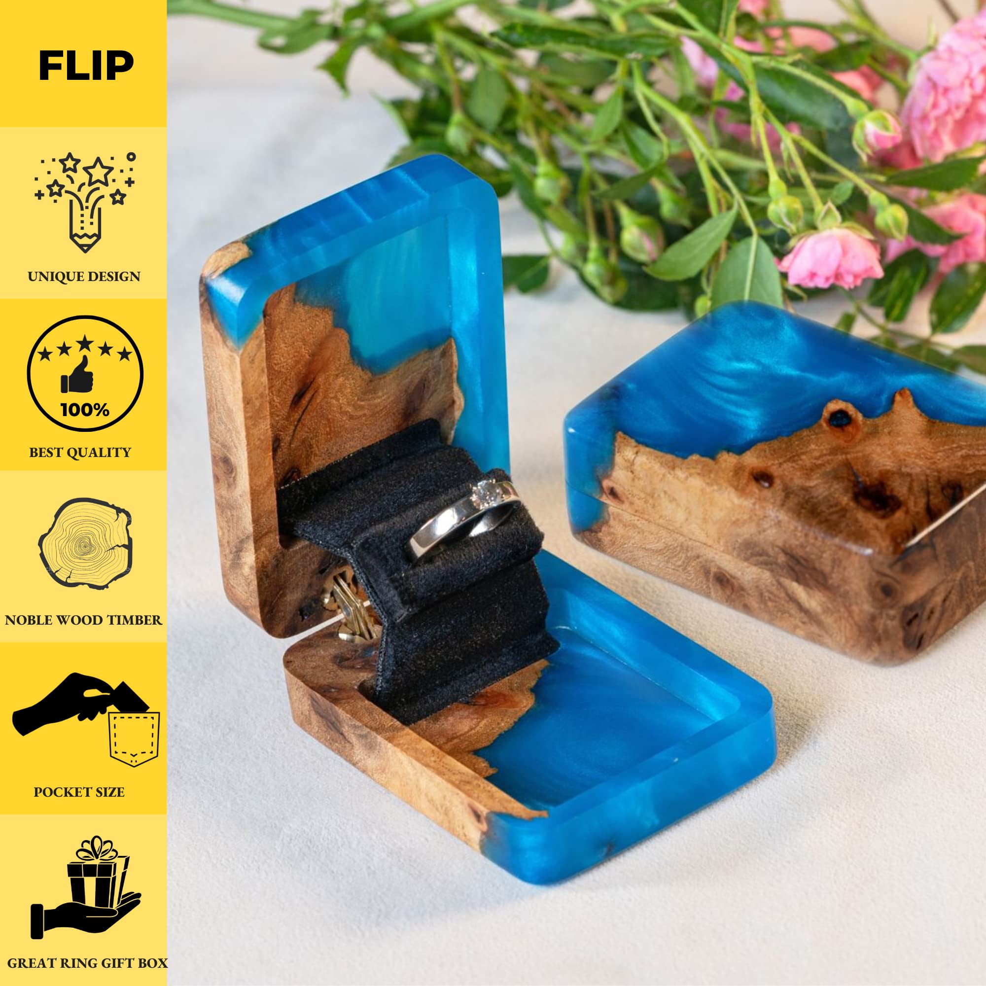 RWA Proposal Ring Box - Unique Design Marry Me Ring Case, Wedding Bearer Box - Slim Wood Travel Ring Holder Organizer for Jewelry Display Storage - Custom Engagement Gift for Women - FLIP, blue