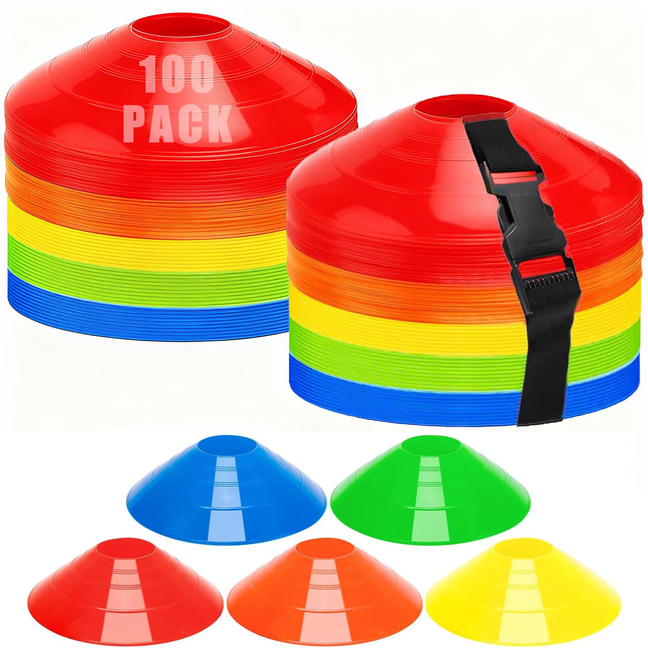 Lot de 100 cônes d'entraînement d'agilité de football, 5 couleurs avec sangle, cônes de marquage d'espace pour le football, le basket-ball et l'entraînement d'agilité