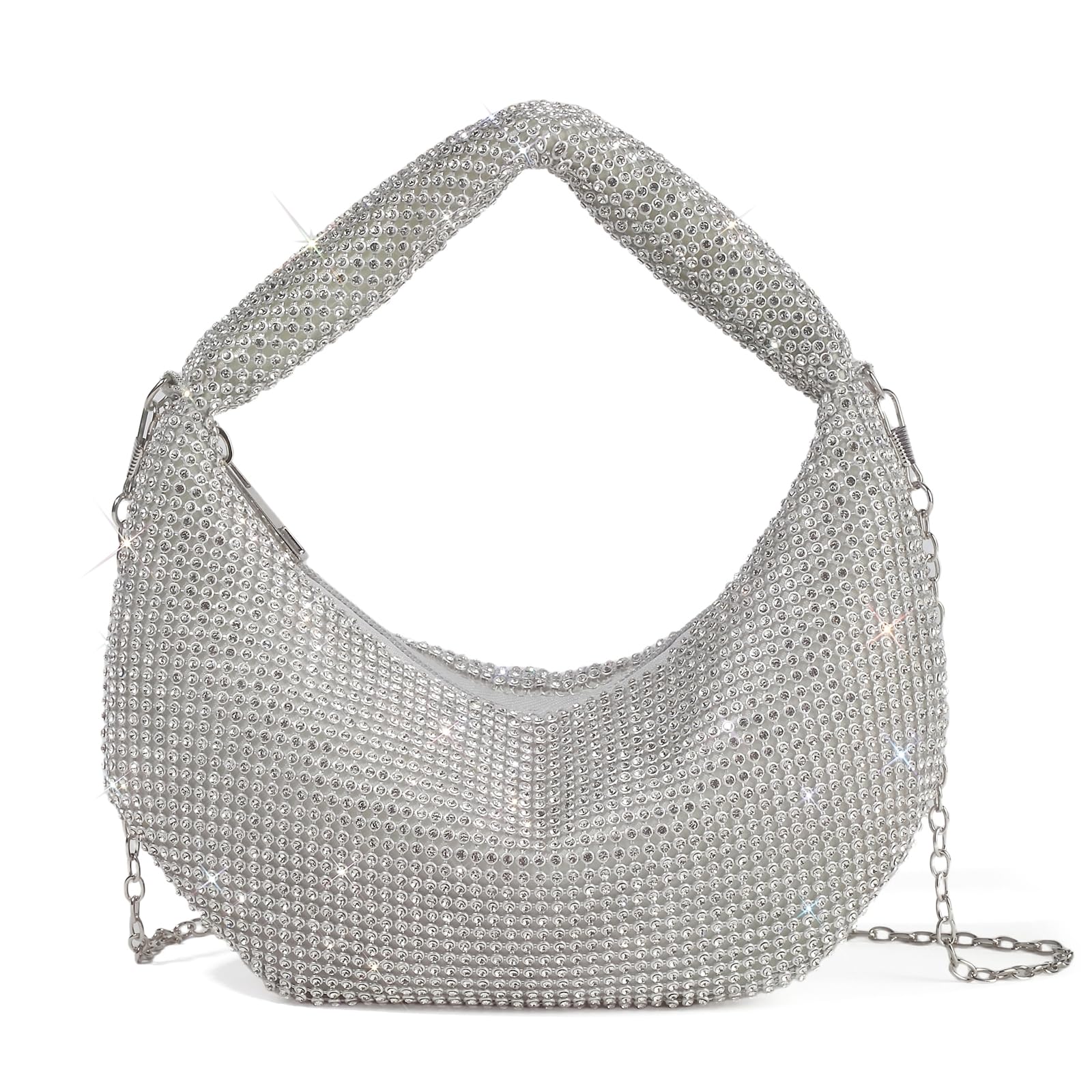 SlHiEke Ladies Evening Purse – Glitter Crystals Rhinestone Clutch, Sparkly Bling Crossbody Handbag for Women, Elegant Formal Wedding, Prom & Party Bag (Sliver)