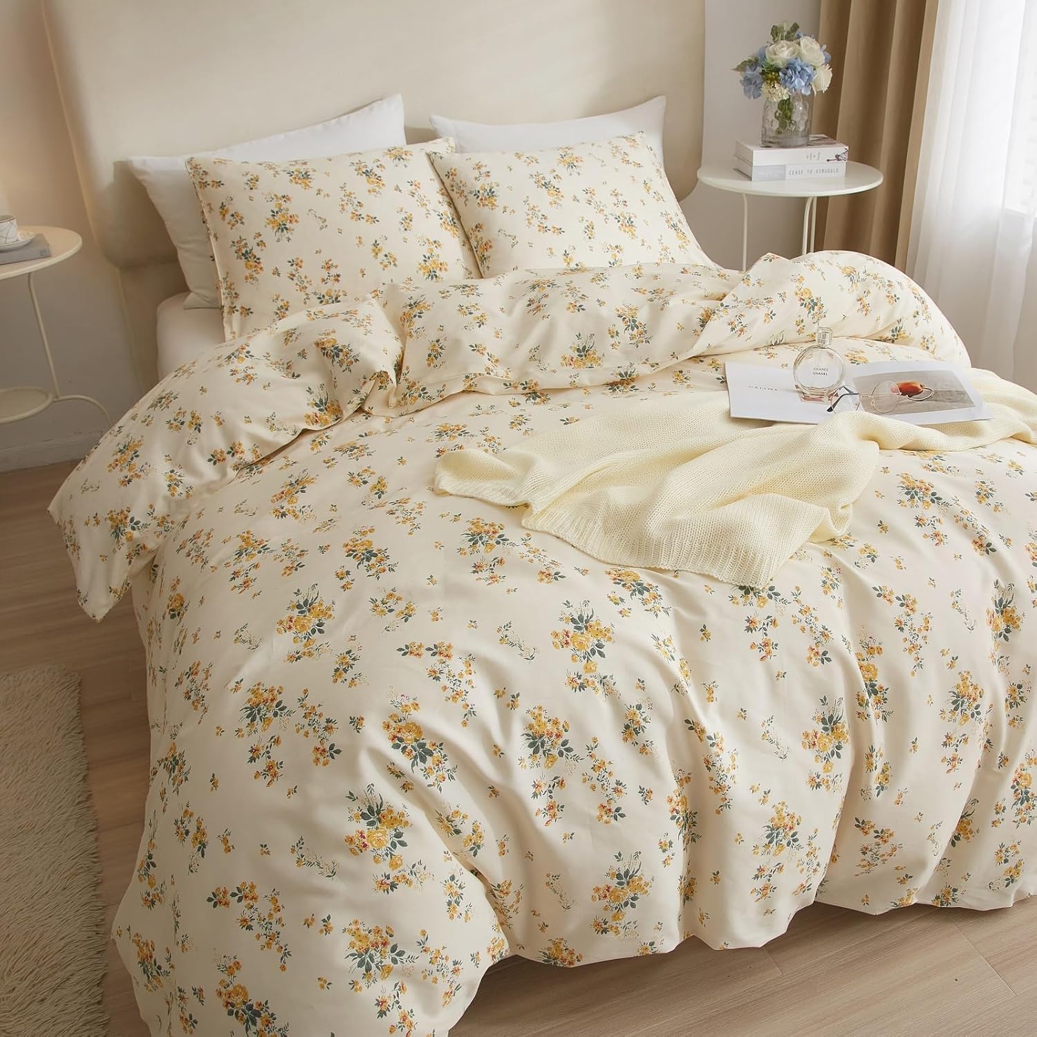 Vintage Yellow Flower Comforter Set Queen Fluffy Soft Floral Bedding Comforter Boho Flower Leaves Botanical Comforter Cottagecore Bedding Set Aesthetic Floral Comforter Set Queen Size for All Season - Image 3