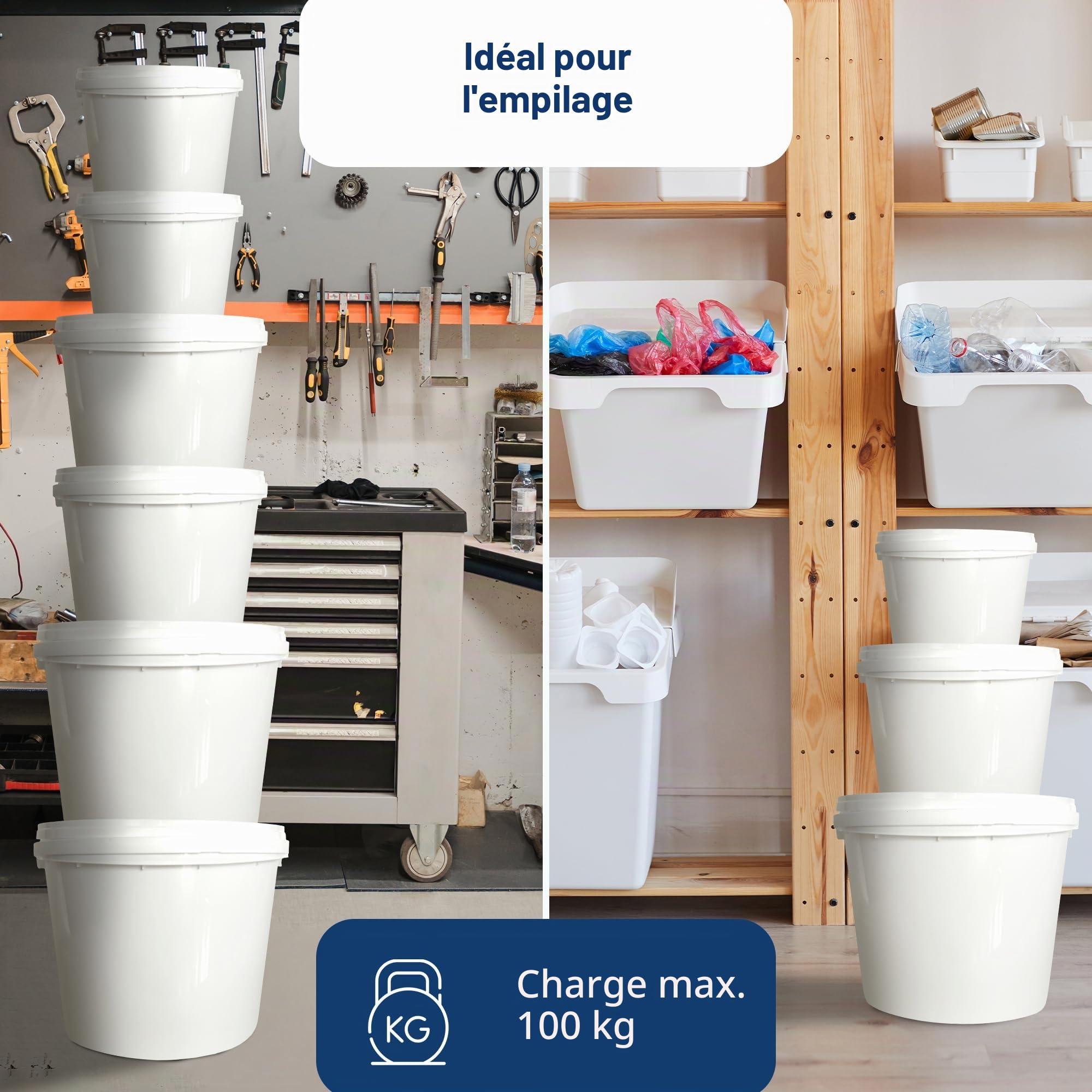 MIG Seau en plastique blanc de 5 L avec couvercle, de qualité alimentaire, empilable, multifonctionnel