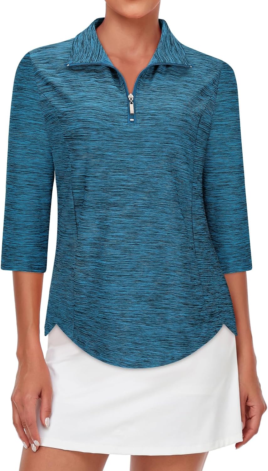 Tanst Sky Womens Golf Polo Shirts Zipper 3/4 Sleeve Moisture Wicking Tops UPF 50+ Workout Tennis Apparel
