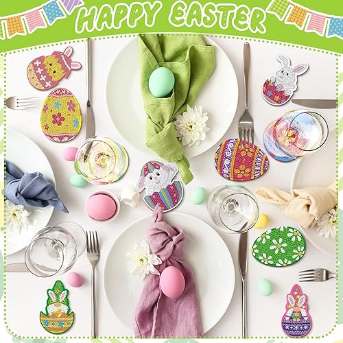 Miniatura 4 de FairySandy 10 posavasos de pintura de diamante de Pascua, posavasos de arte de diamante con soporte para huevos, posavasos de diamante 5D, kit de