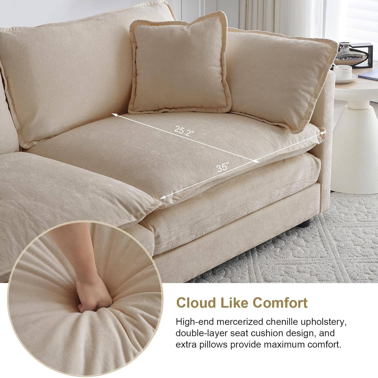 KIVENJAJA Chenille Loveseat Sofa, Oversized 2-Seater Small Cloud Couch, Modern Comfy Deep Seat Love Seat with 4 Pillows for Living Room Bedroom Office Apartment, 76.7”W, Light Camel