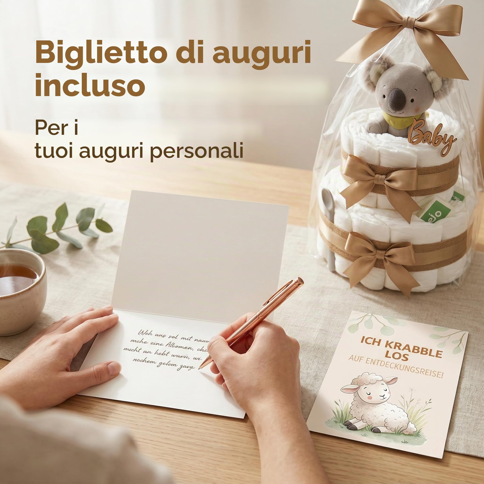 Torta di pannolini per bambine e ragazzi con koala – Boho Vintage [fatto a mano] – Regalo per la nascita con manico koala, pannolini premium e tè biologico, torta di pannolini neutra e per baby shower