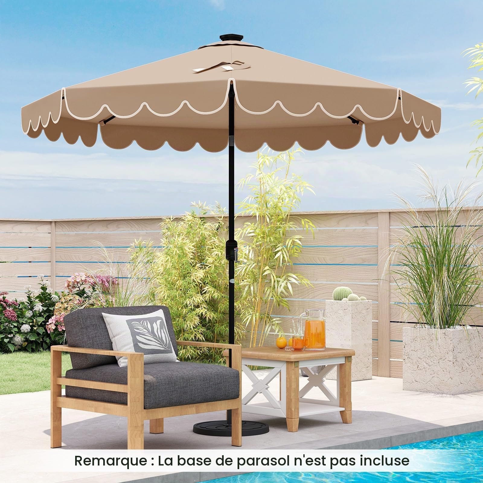 KOMFOTTEU Parasol de Jardin φ3 x 2.53 m avec 24 Lumières LED et Manivelle, Parasol de Balcon pliable, Parasols de Cour Angle inclinable jusqu'à 35°, pour Terrasse, Piscine, Patio