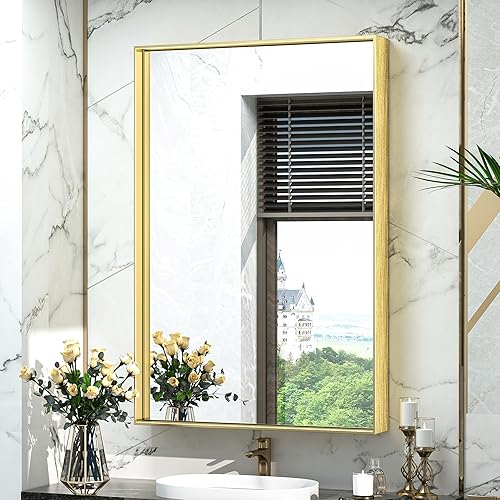TokeShimi Espejo de baño dorado de 24 x 36 pulgadas para pared, espejo de tocador con marco de aleación de aluminio que no se oxida para decoración