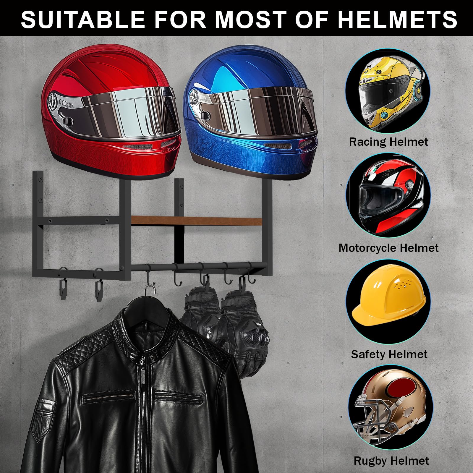 Supporto da parete versatile per casco da moto, supporto da parete nero da parete, casco da moto, deposito per cappotti, cappelli, berretti, casco da bicicletta, parrucca, cappello, palla, confezione