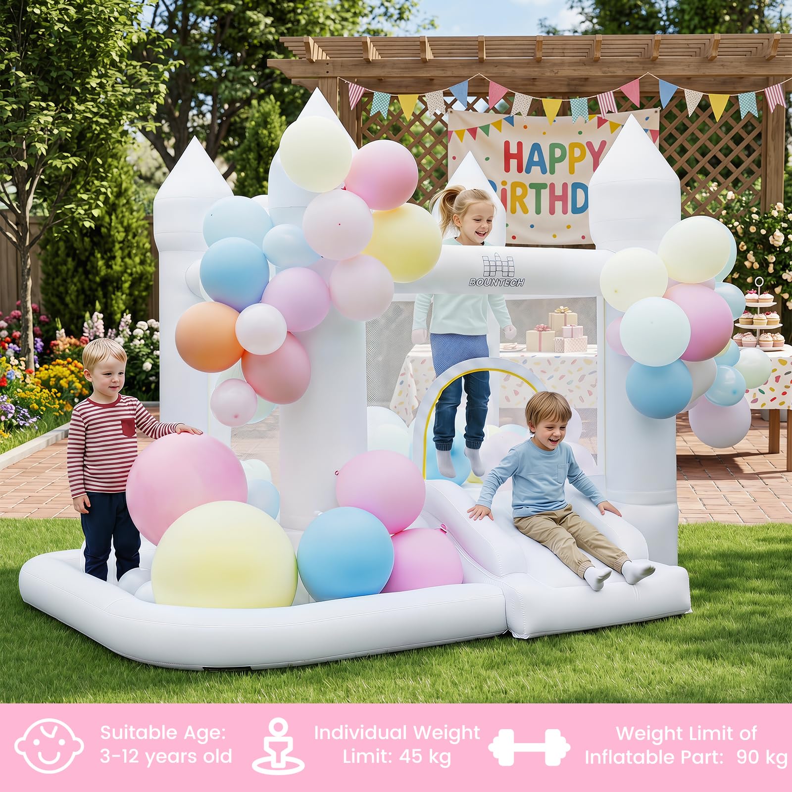 COSTWAY Hüpfburg mit Gebläse, Rutsche, Sprungbereich, Basketballkorb | Bouncy Castle mit 100 Luftballons & Bällebad für Kinder, Innen- und Außenbereich, Weiß, 252 x 242 x 191,5 cm