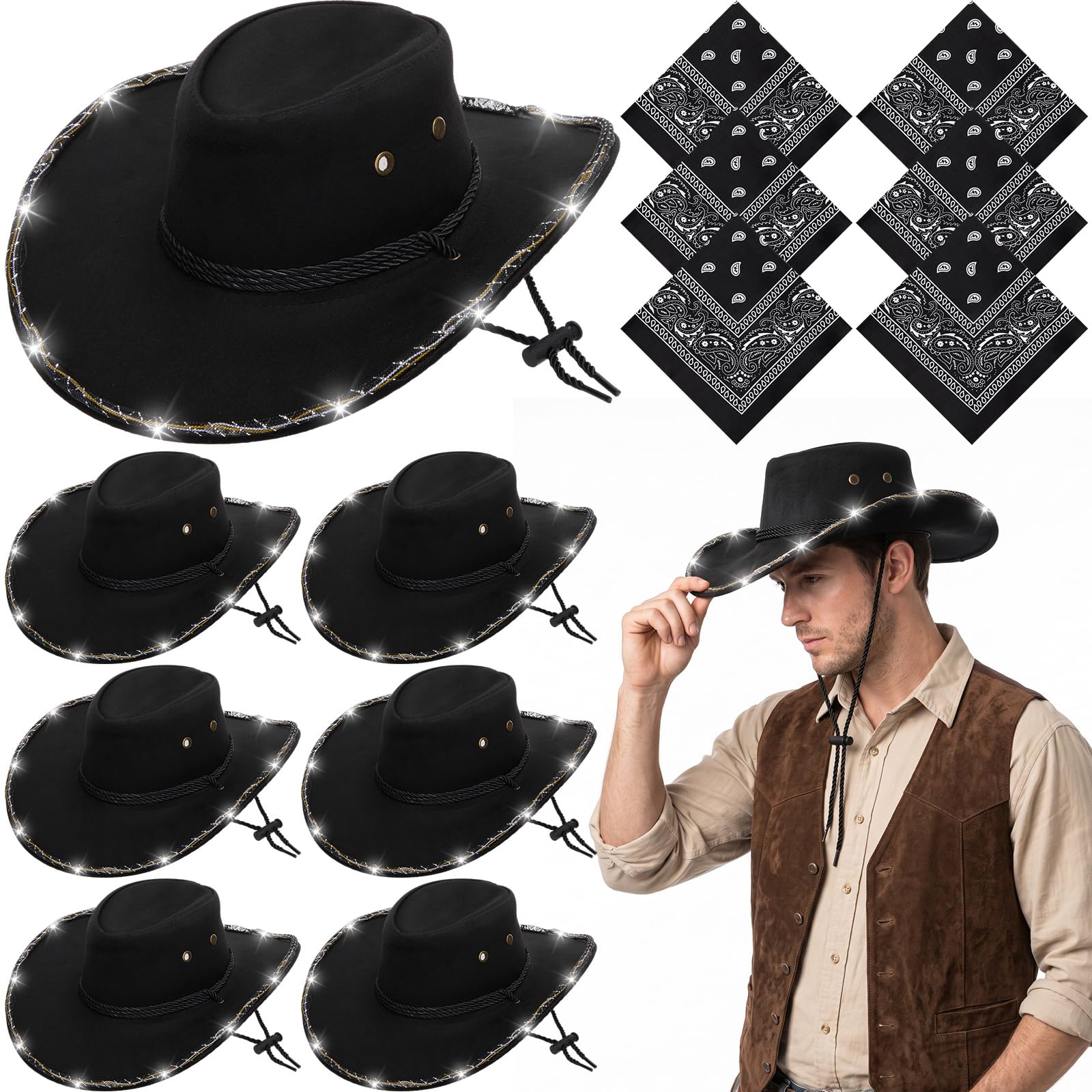 Zhanmai 12 Pcs Cowboy Hat and Bandana Cowboy Cowgirl Hats Bulk Western Party Costume Halloween Accessory