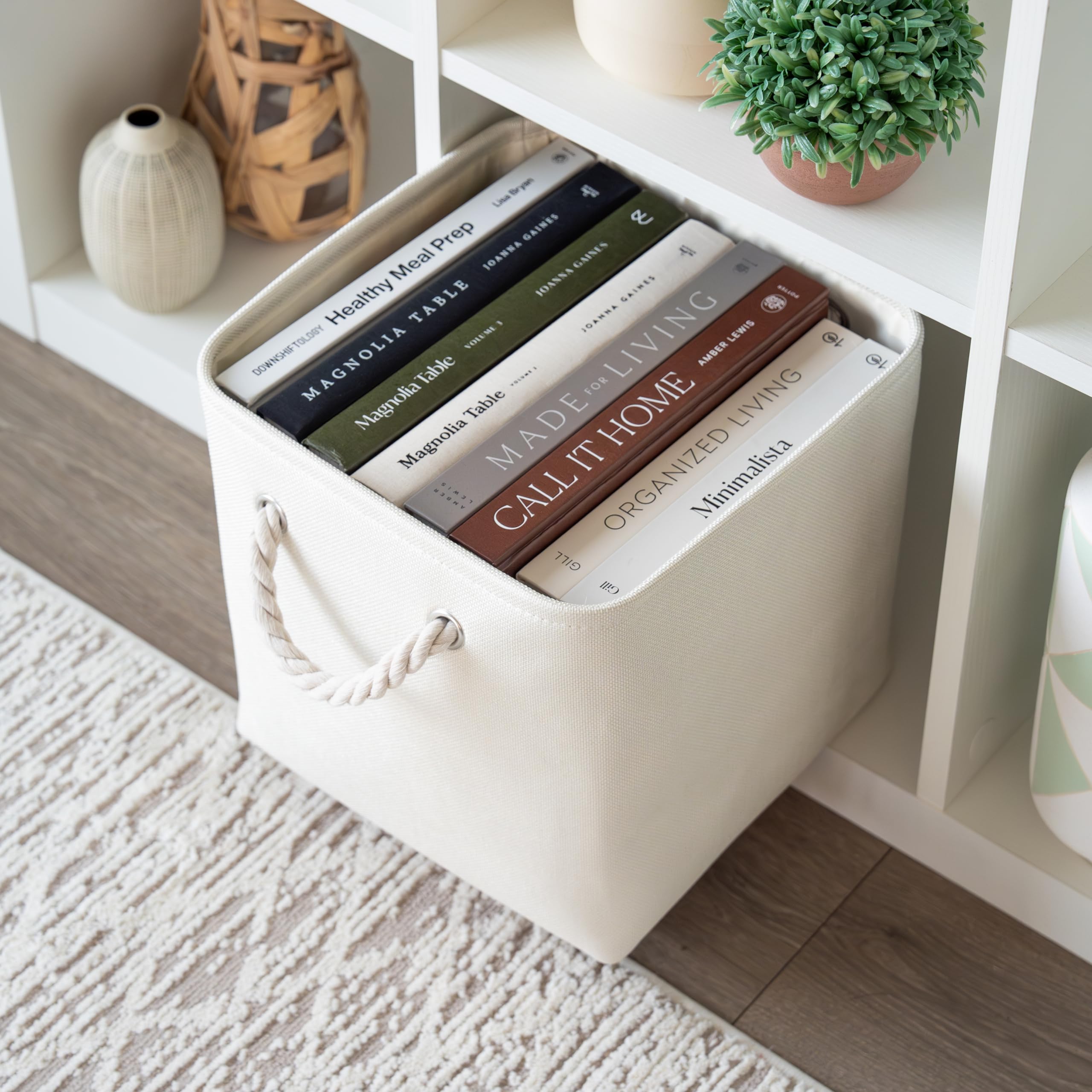 OrganiHaus Set di 3 Cubi Scatole Portaoggetti 28x28, Cestini Portaoggetti in Tessuto con Manici in Corda, Cubi Portaoggetti Pieghevoli per Libreria Kallax, Cestino per la Cameretta. Bianco