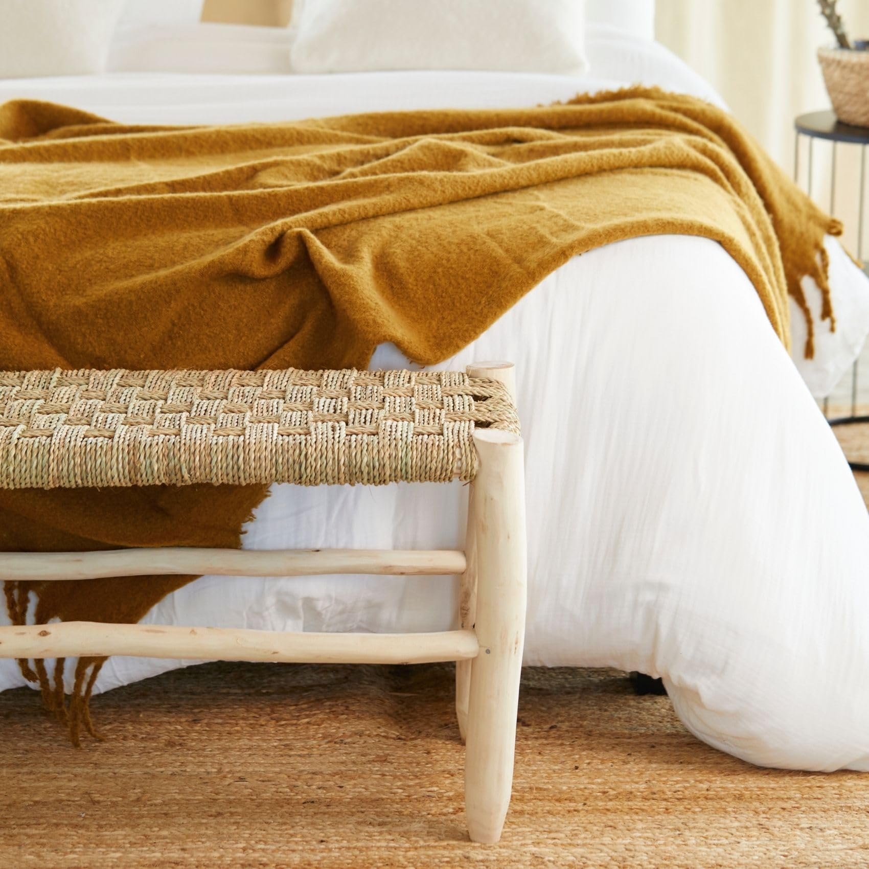 Home Maison - Banc marocain doum tressage Central Bois Naturel 80 x 35 x 35 cm