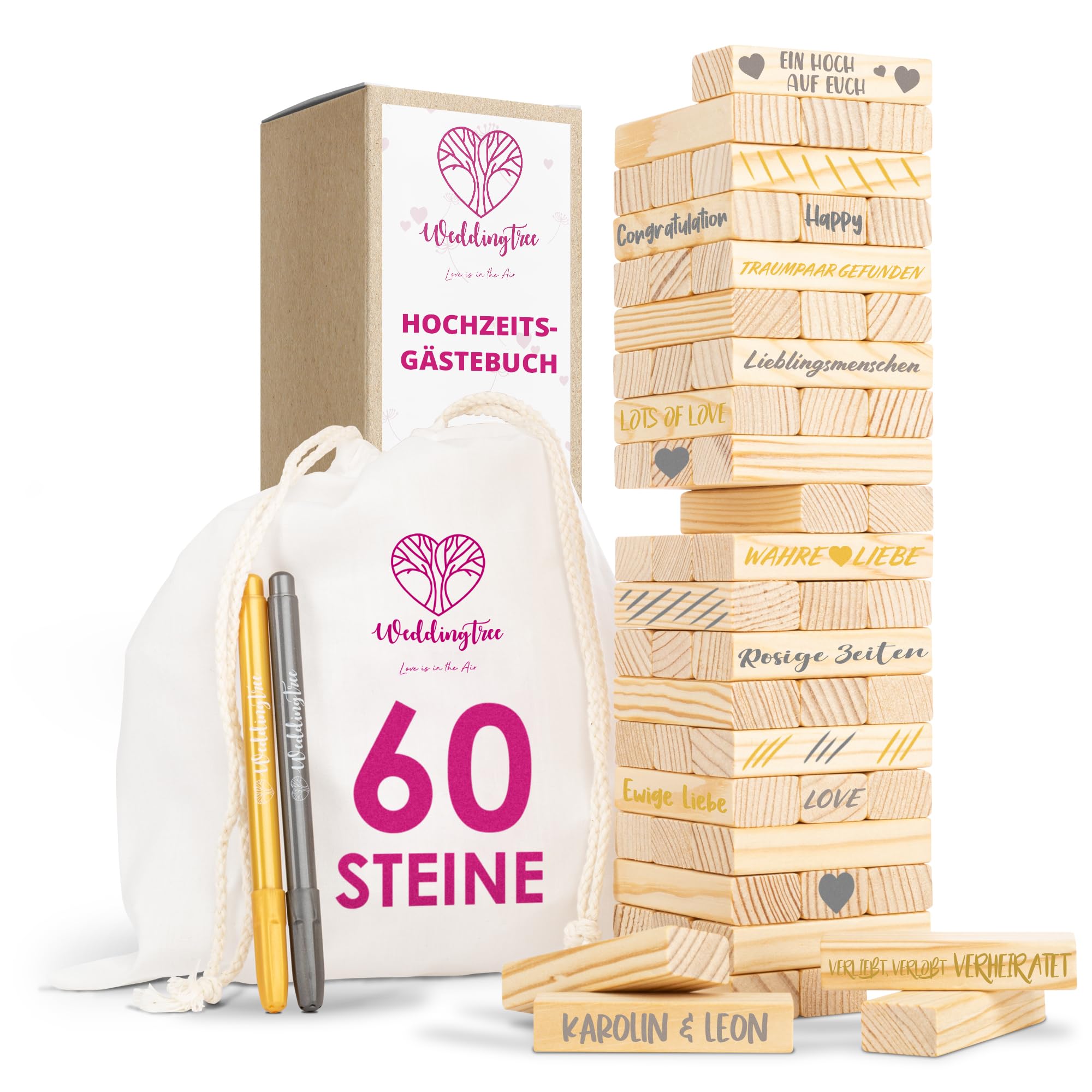 WeddingTree Libro de Firmas Bodas como Torre de Madera - con 60 Piedras, Bolsa de Almacenaje y 2 Rotuladores Metálicos - Libro Firmas Boda - Detalles para Bodas - Album para Firmas - Album Firmas Boda